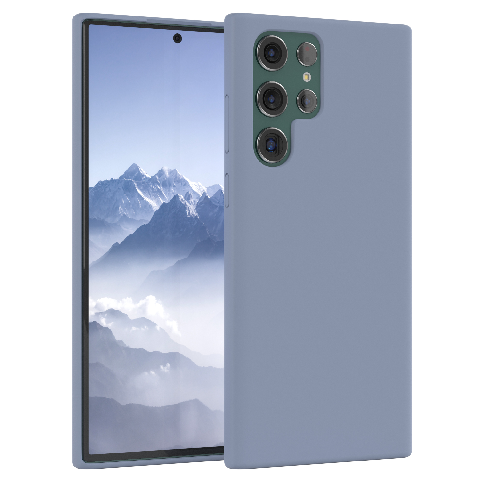 Blaue Handyhülle mit einem Telefon darin. Das Telefon hat drei Rückkameras.
