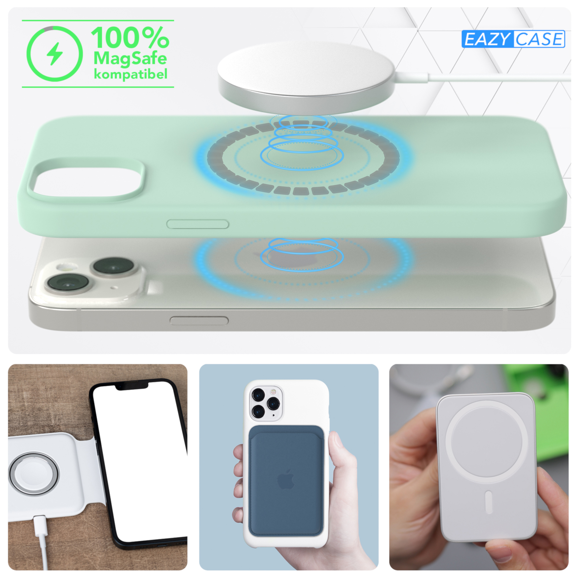 Handyhülle mit kabellosem Laden. Text: 100% MagSafe-kompatibel. Zeigt Telefon und Zubehör.