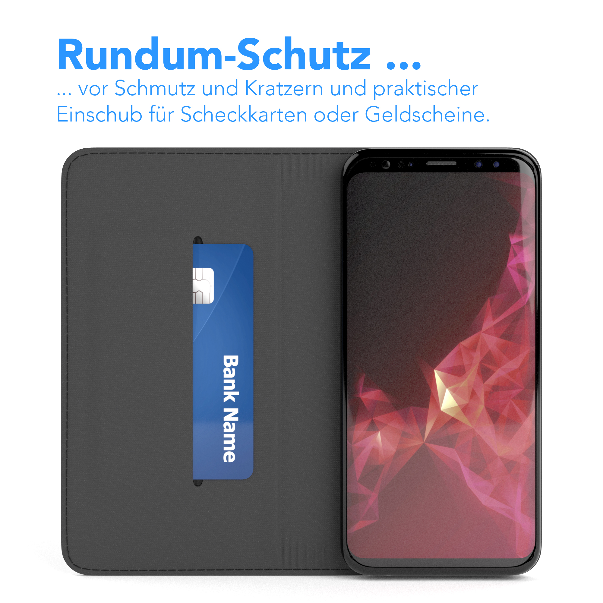 Geöffnete Handyhülle mit Karte, Text über Schutz und Kartenfach.