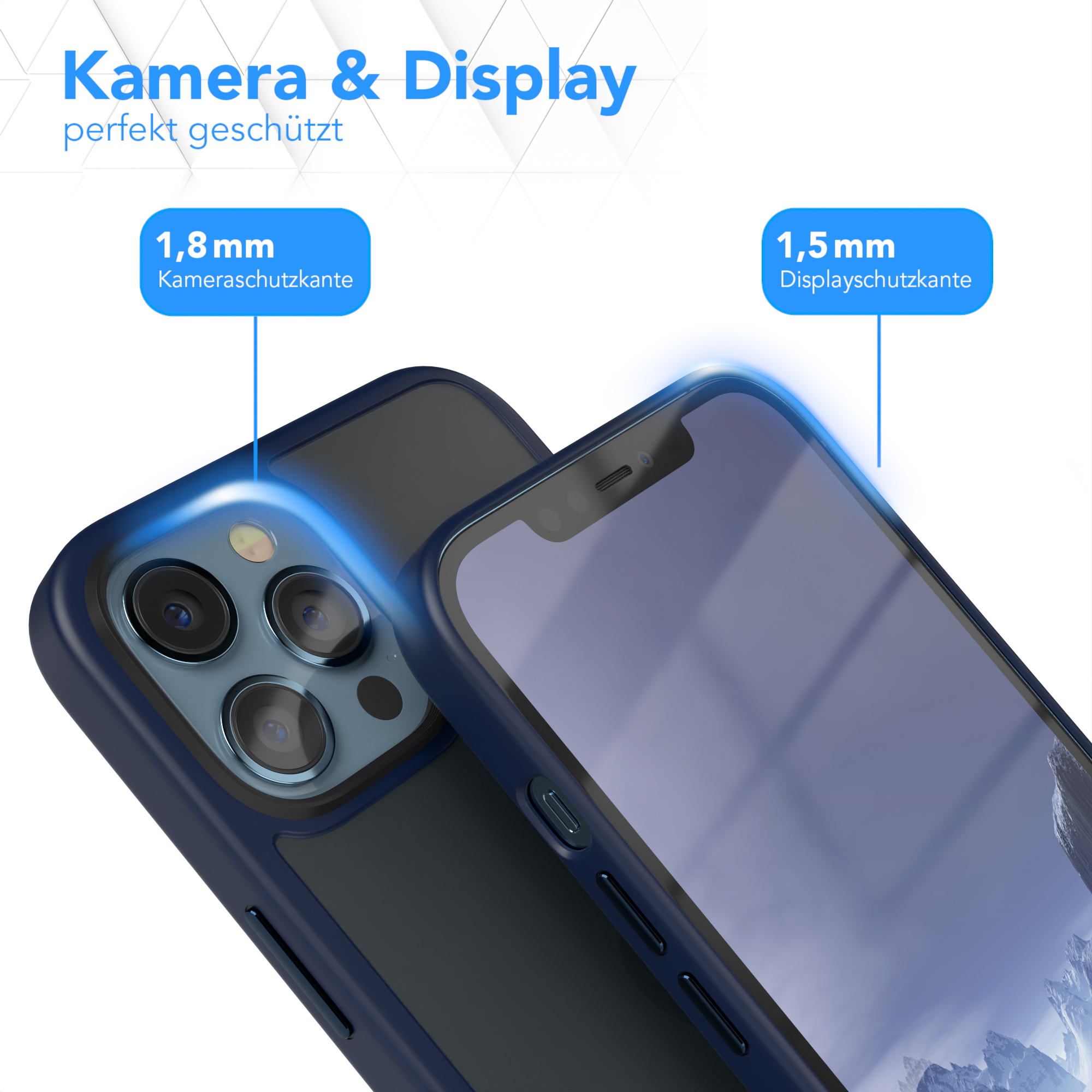 Ein Telefon in einer dunkelblauen Hülle, das den Kamera- und Displayschutz hervorhebt, mit Etiketten, die auf 1,8 mm und 1,5 mm zeigen.