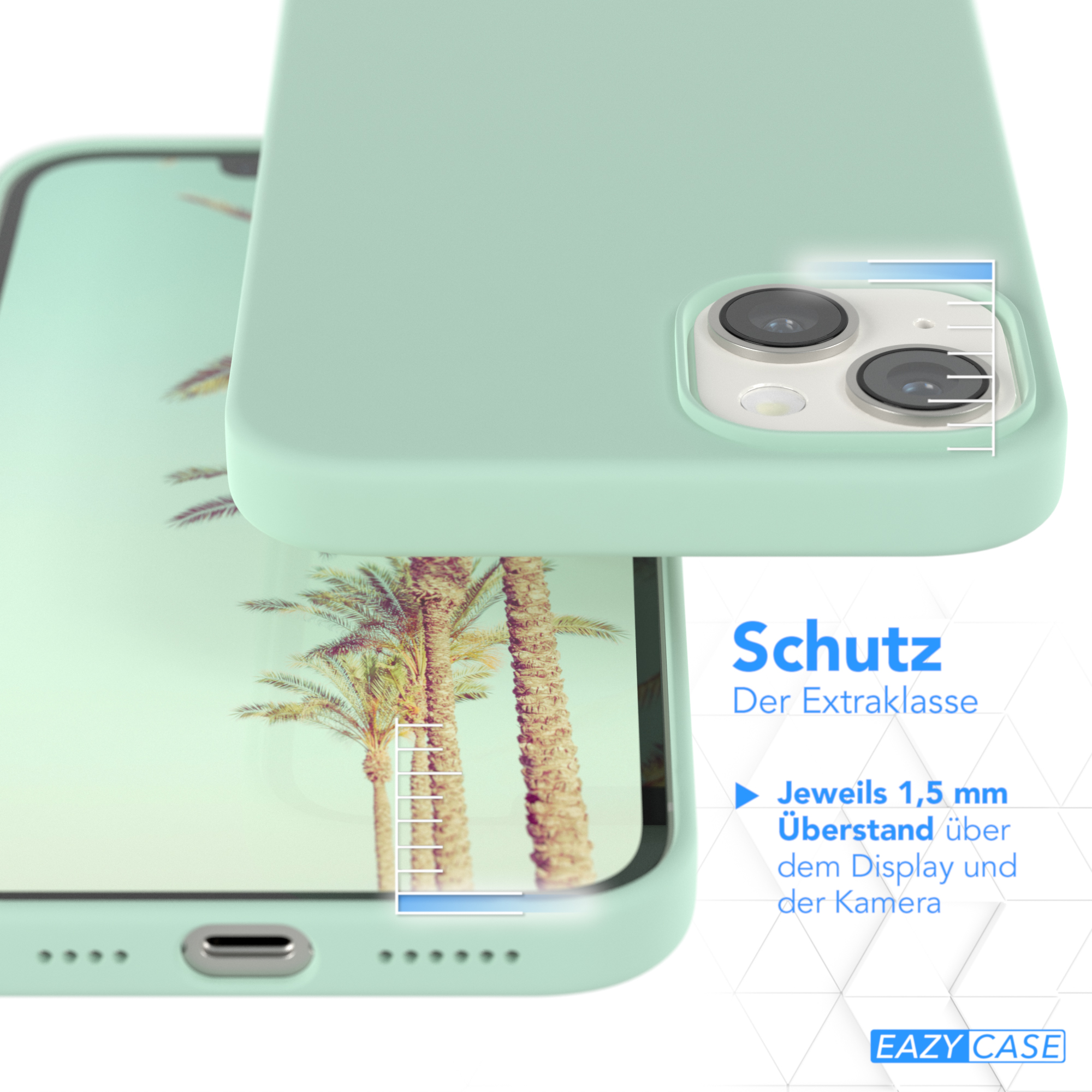 Eine mintgrüne Handyhülle mit einem Telefon darin. Text über Bildschirm- und Kameraschutz.