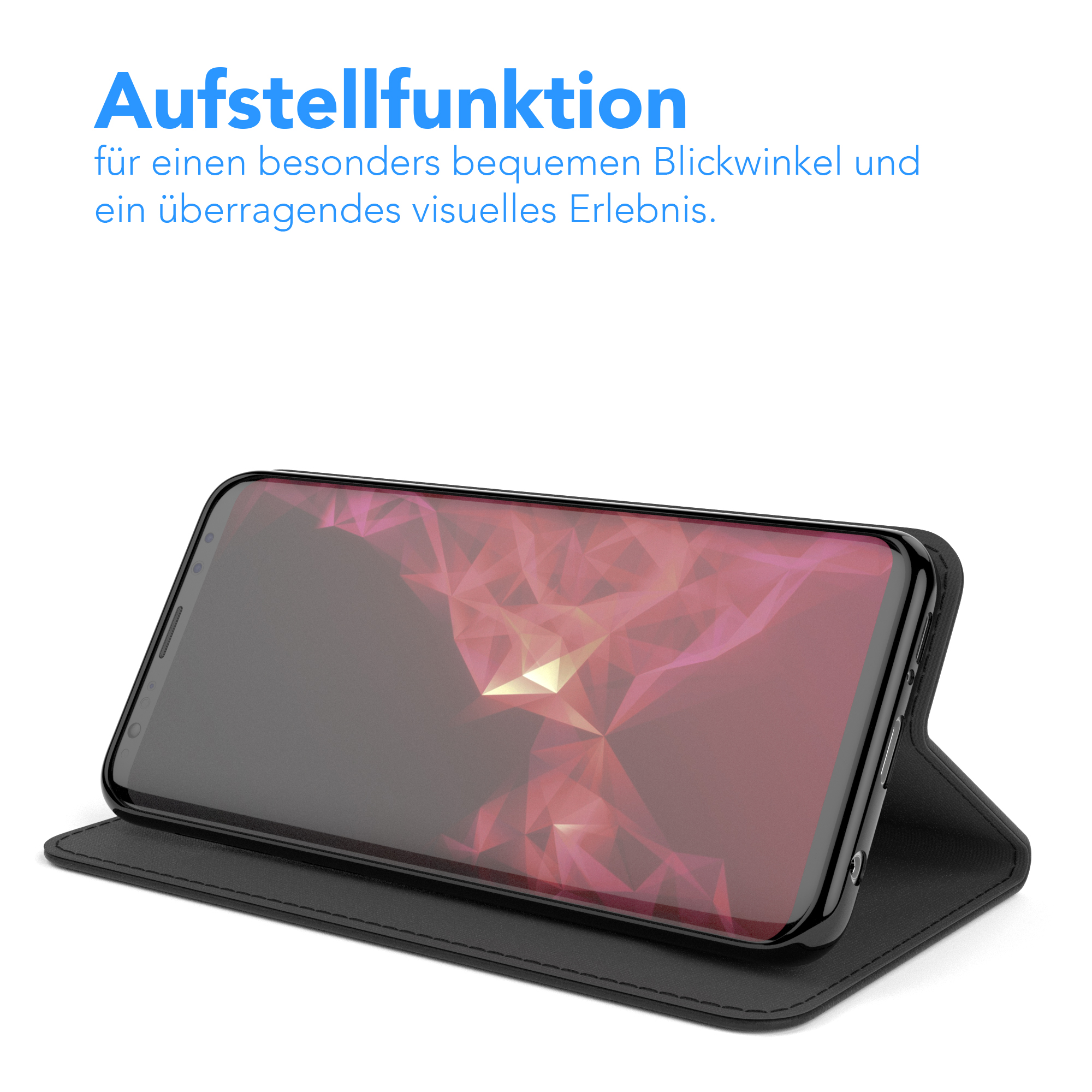 Schwarze Handyhülle. Telefon darin. Text auf Deutsch. Weißer Hintergrund.