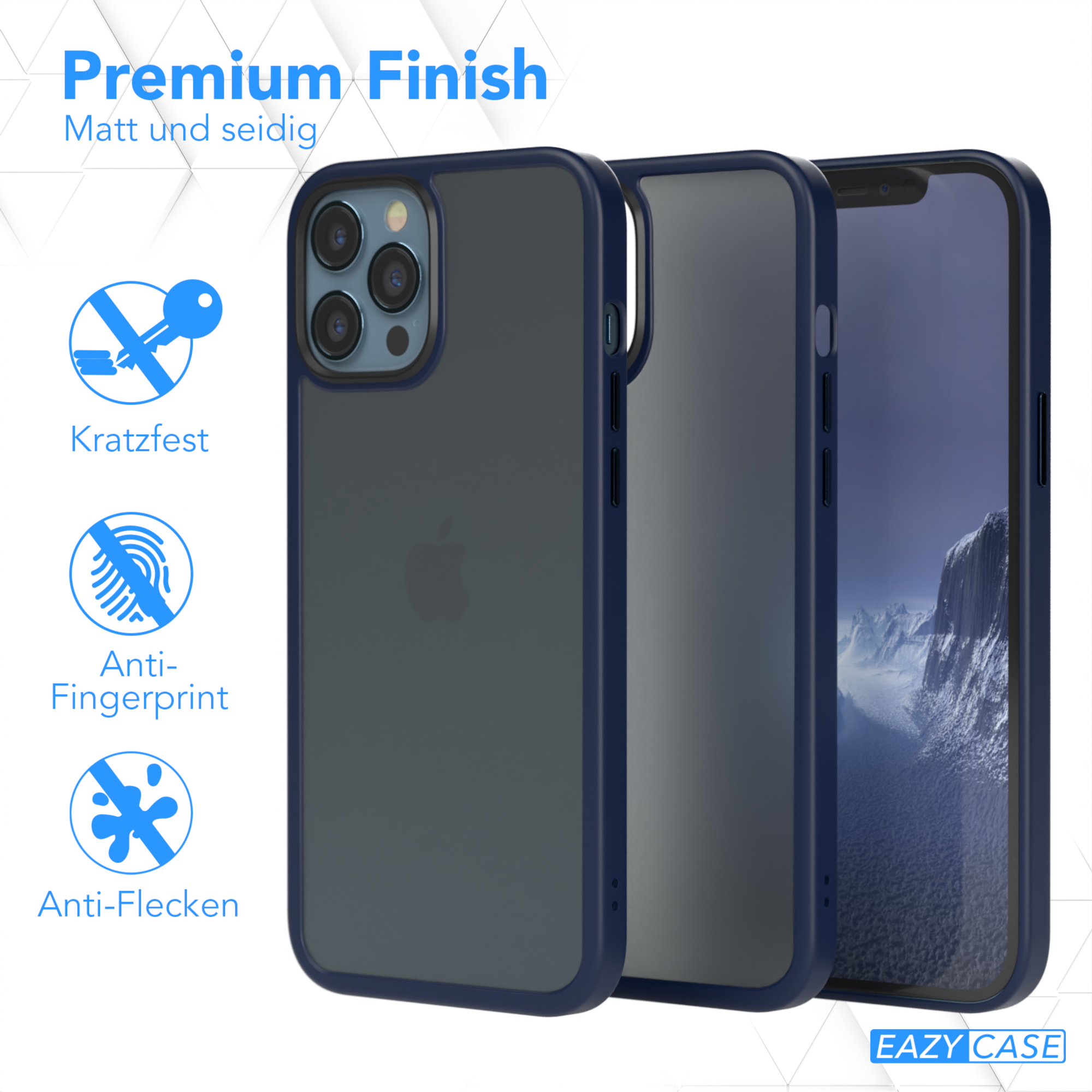Blaue Handyhülle mit mattem Finish, zeigt Anti-Fingerprint- und kratzfeste Eigenschaften.