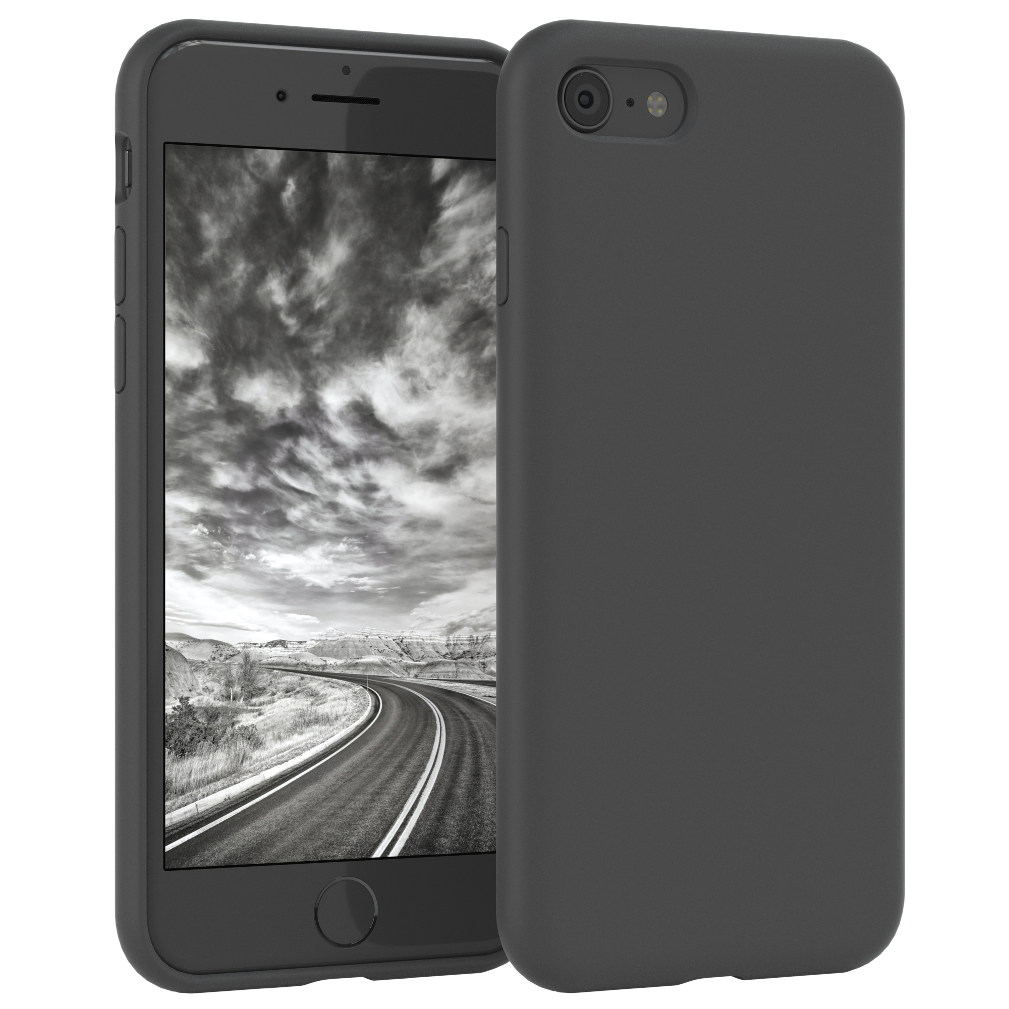 Dunkelgraue Handyhülle mit Telefon. Telefon zeigt eine Schwarz-Weiß-Landschaft.