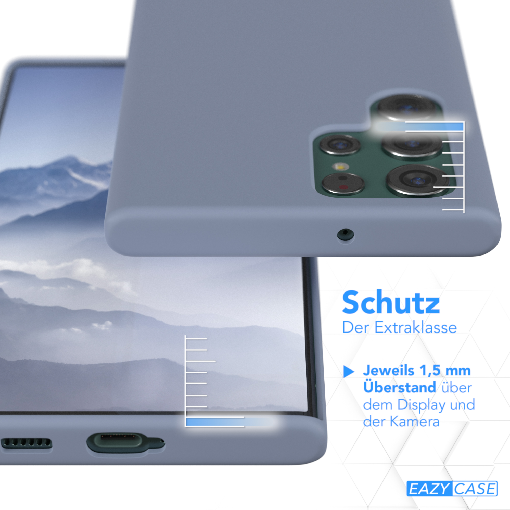 Nahaufnahme einer grauen Handyhülle mit Telefon darin, die Schutzfunktionen zeigt.