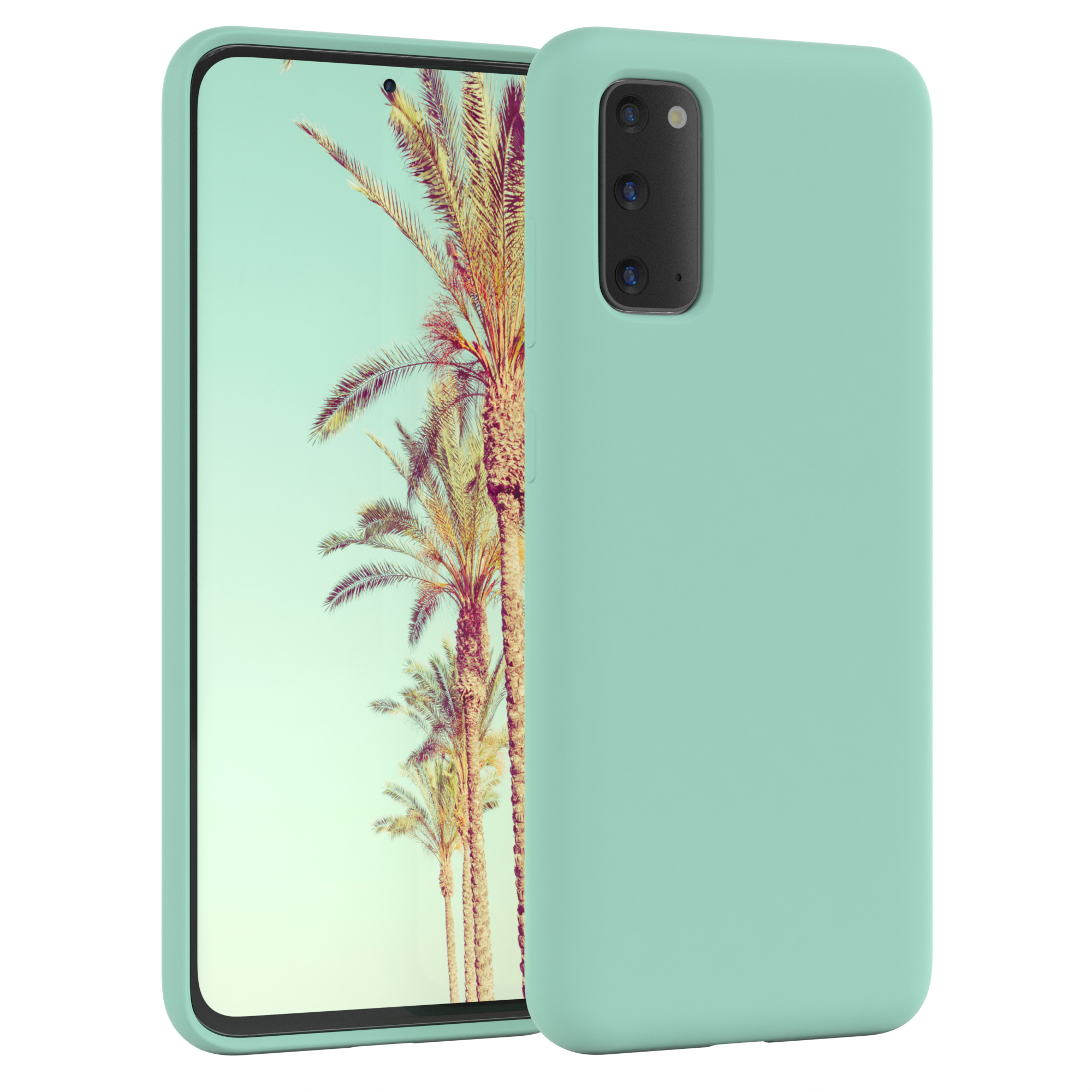 Minzgrüne Handyhülle mit Telefon, das eine Strandszene zeigt. Weißer Hintergrund.