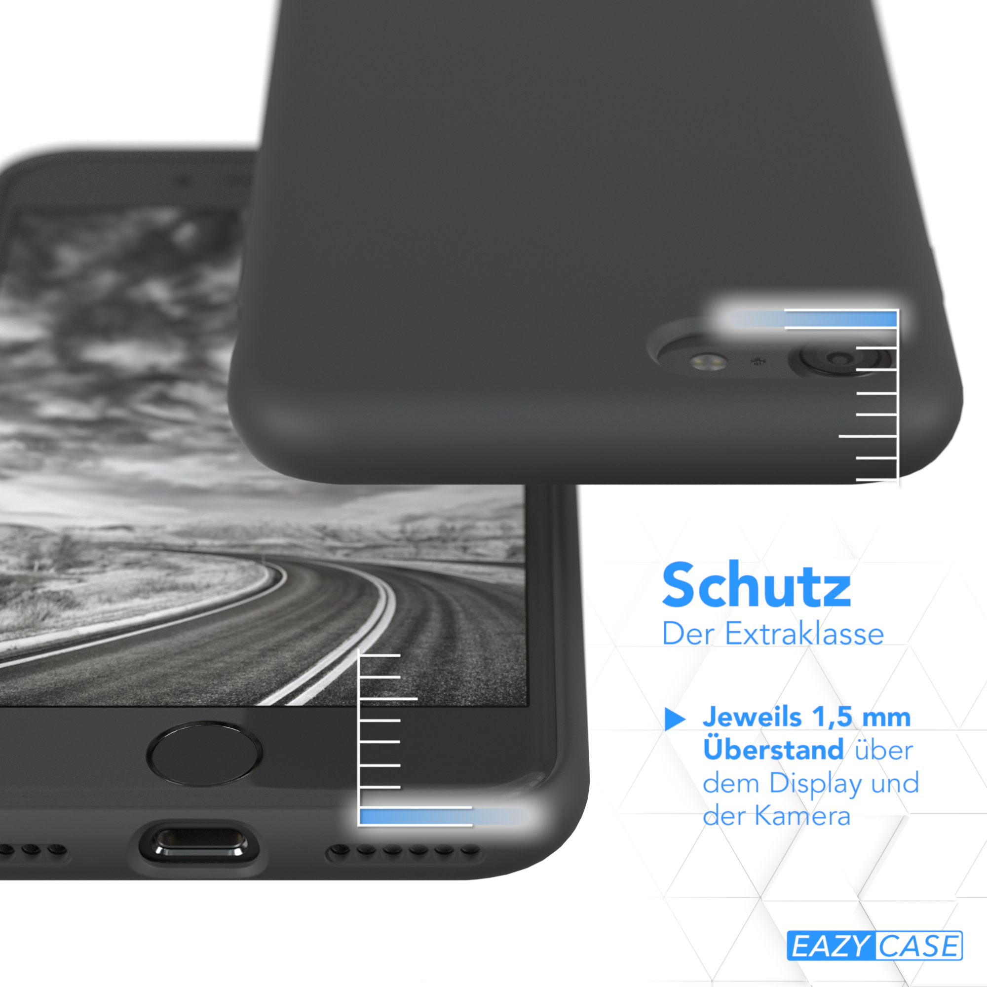 Eine schwarze Handyhülle mit dem Telefon darin, das Bild hebt den Abstand zwischen Hülle und Telefon hervor.