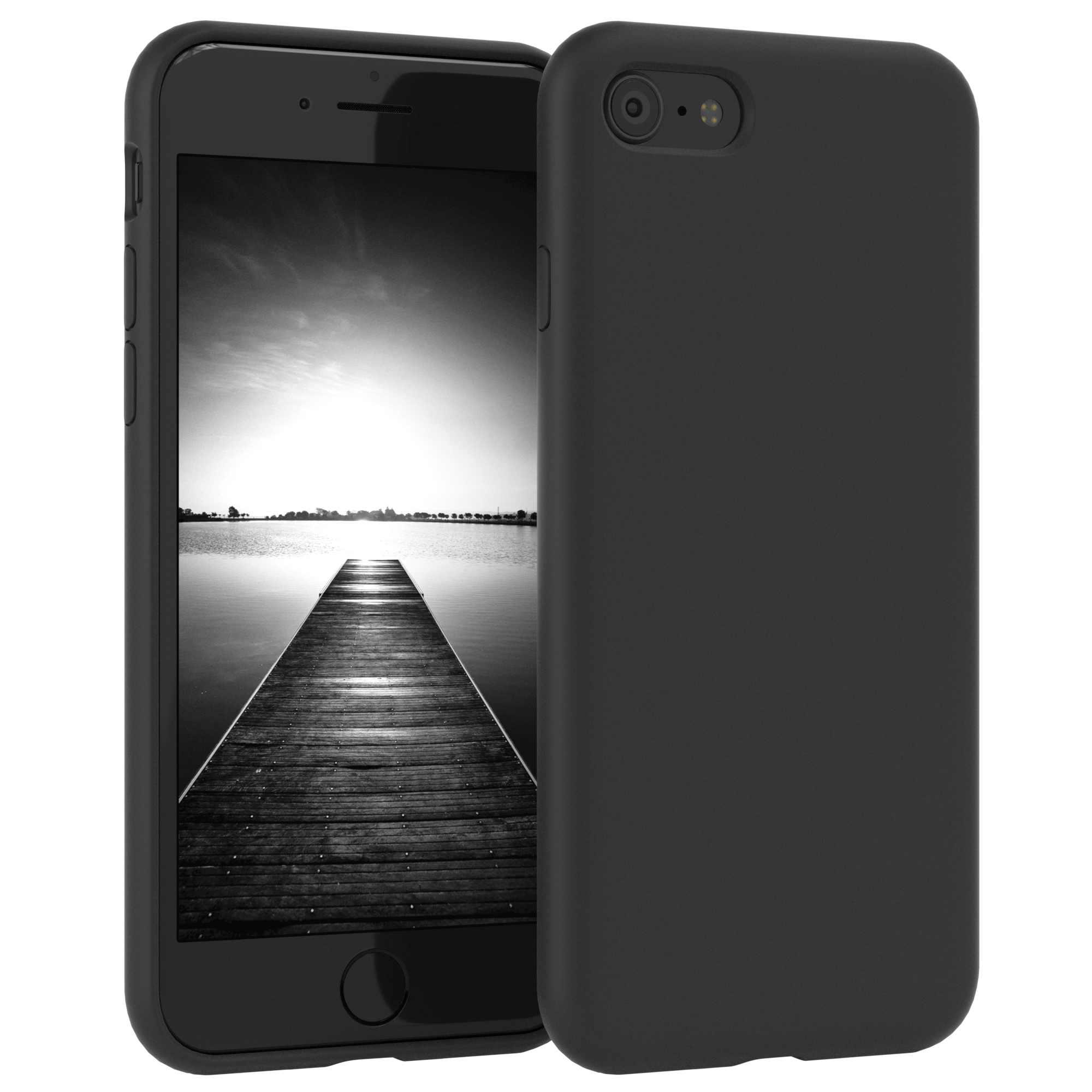 Schwarze Handyhülle mit Telefon. Schwarz-weiß Bild eines Stegs auf dem Bildschirm.