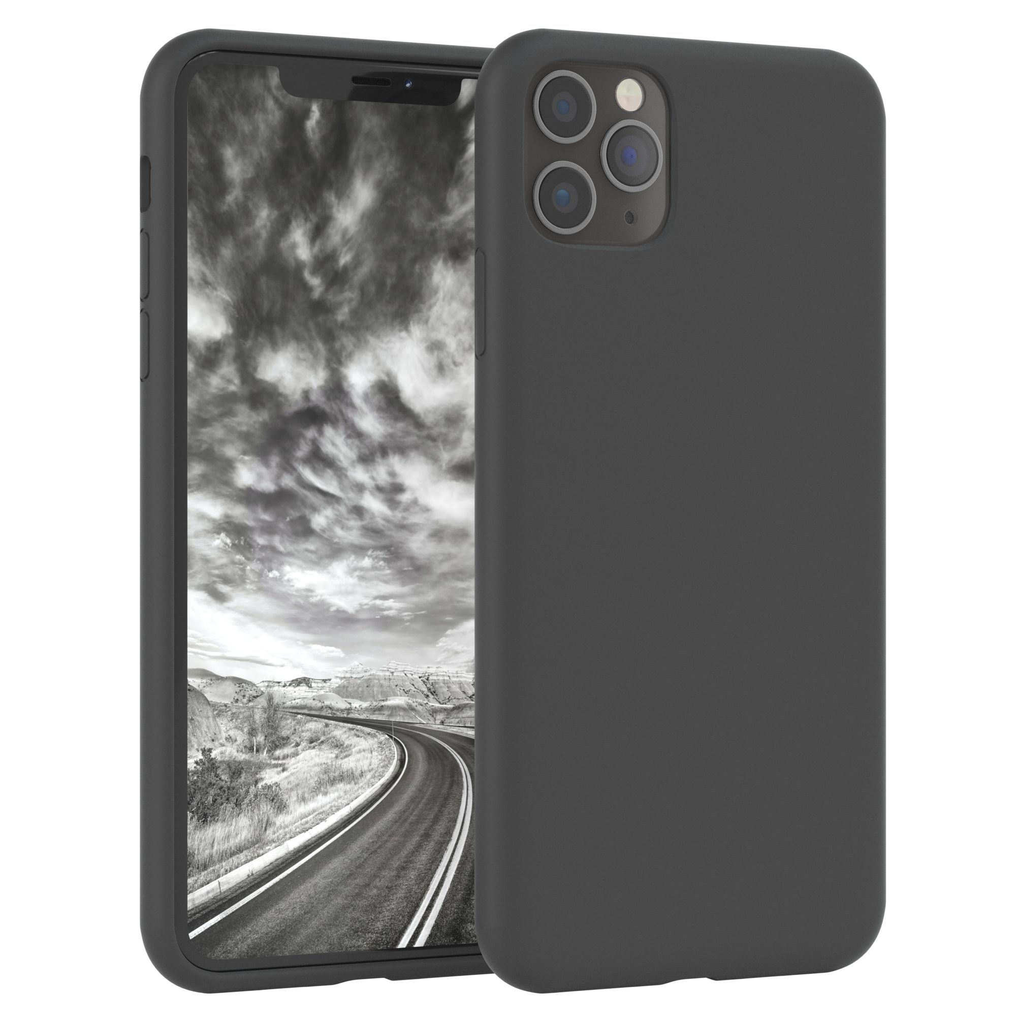Schwarzes Telefon und Hülle. Hintergrund ist eine verschwommene Bergszene.