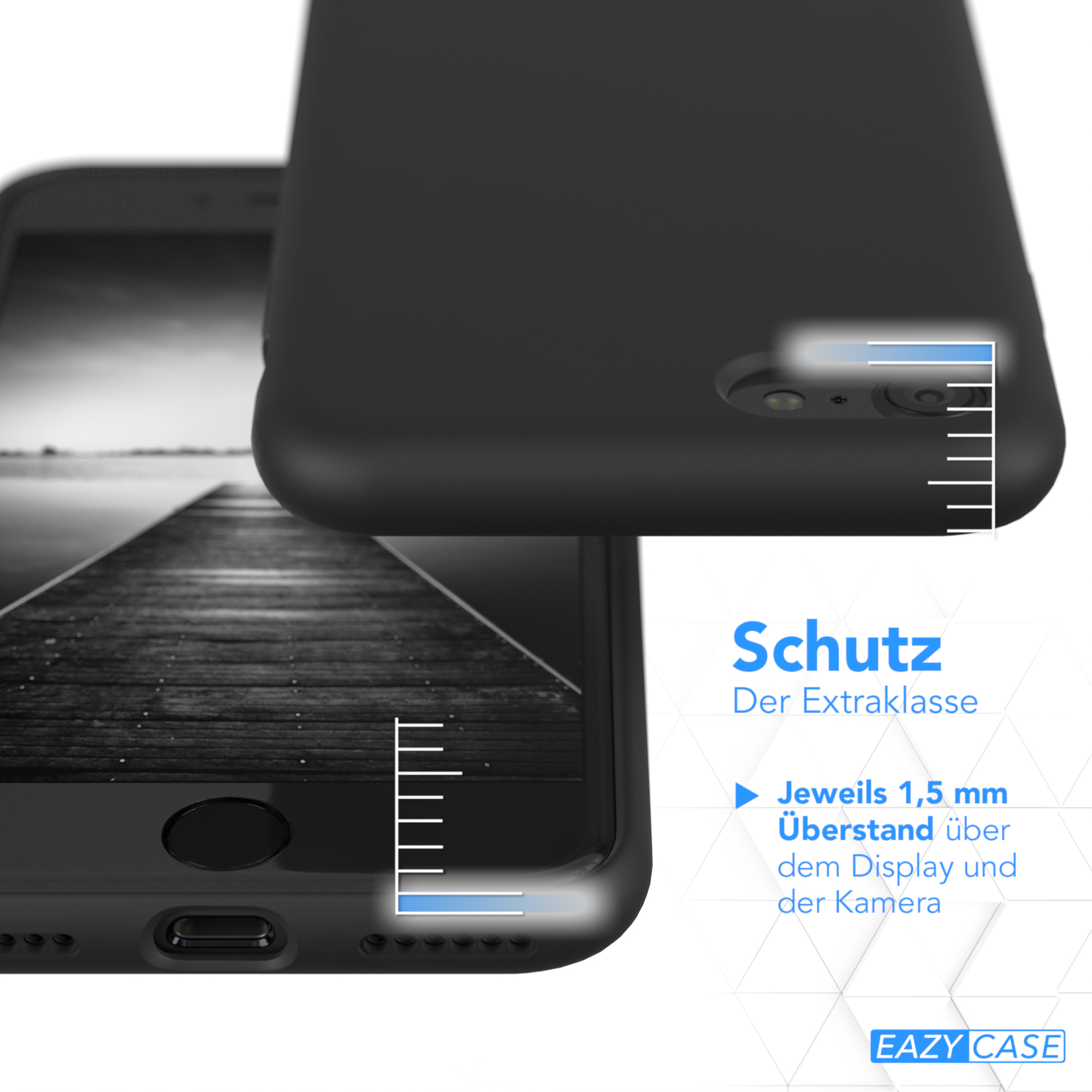 Schwarze Handyhülle mit Telefon, zeigt den Kameraschutz.
