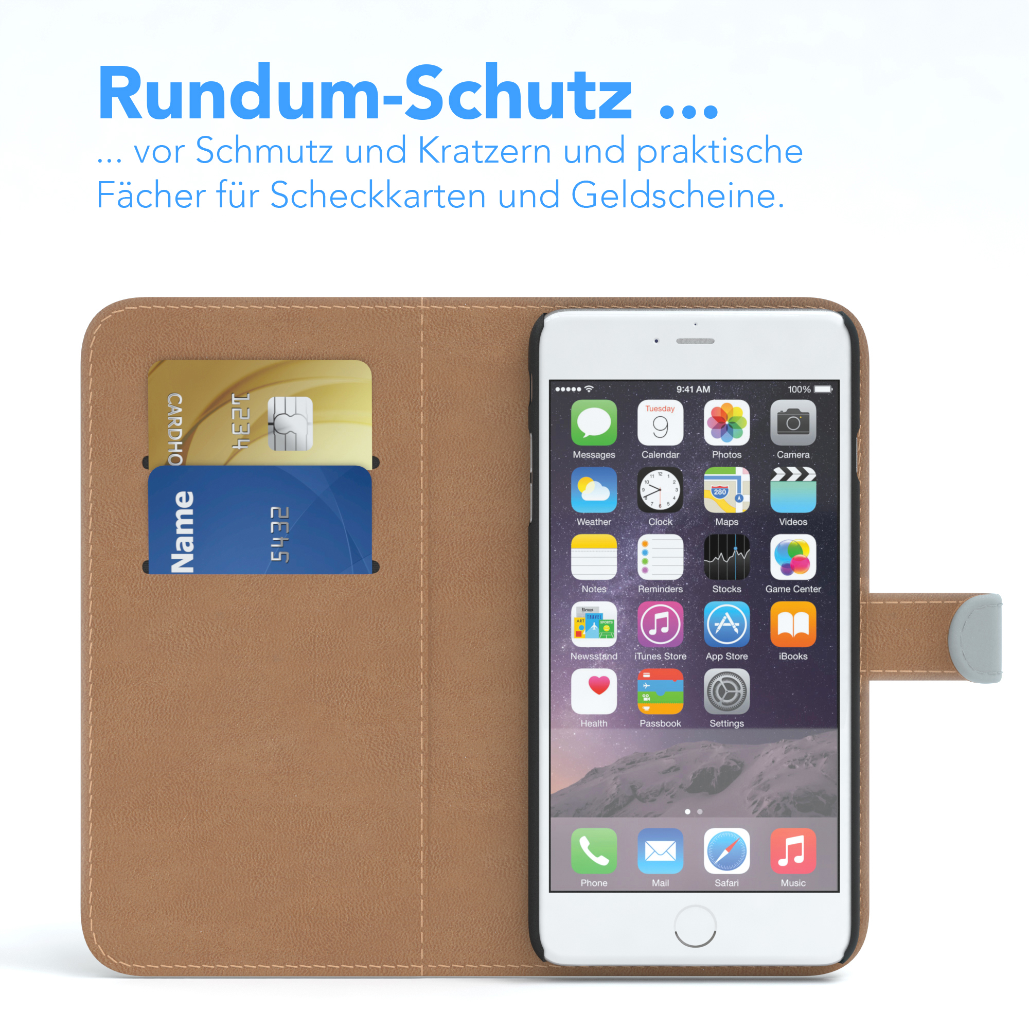 Eine Handyhülle mit einem Telefon, das App-Symbole und zwei Kreditkarten zeigt. Braunes Leder.
