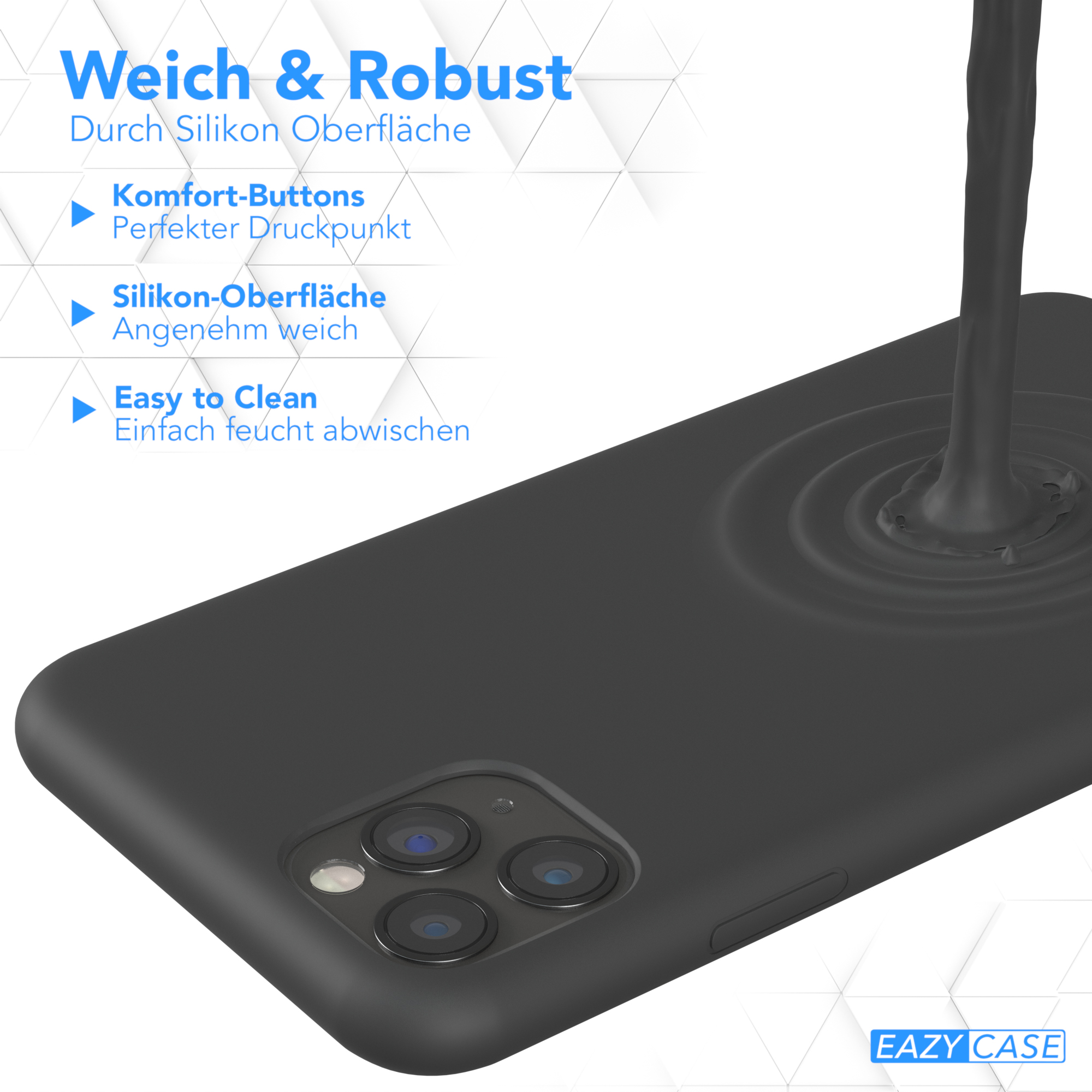 Eine schwarze Handyhülle mit fließender Flüssigkeit. Text: 'Weich & Robust'.