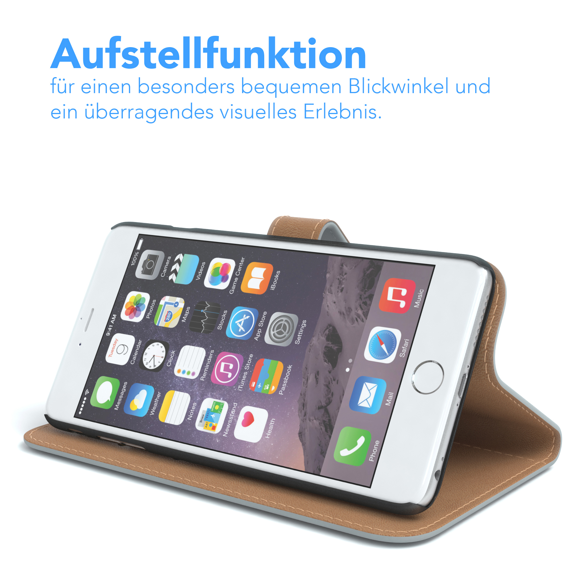Ein Telefon in einer braunen Hülle, das den Bildschirm des Telefons mit Apps anzeigt.