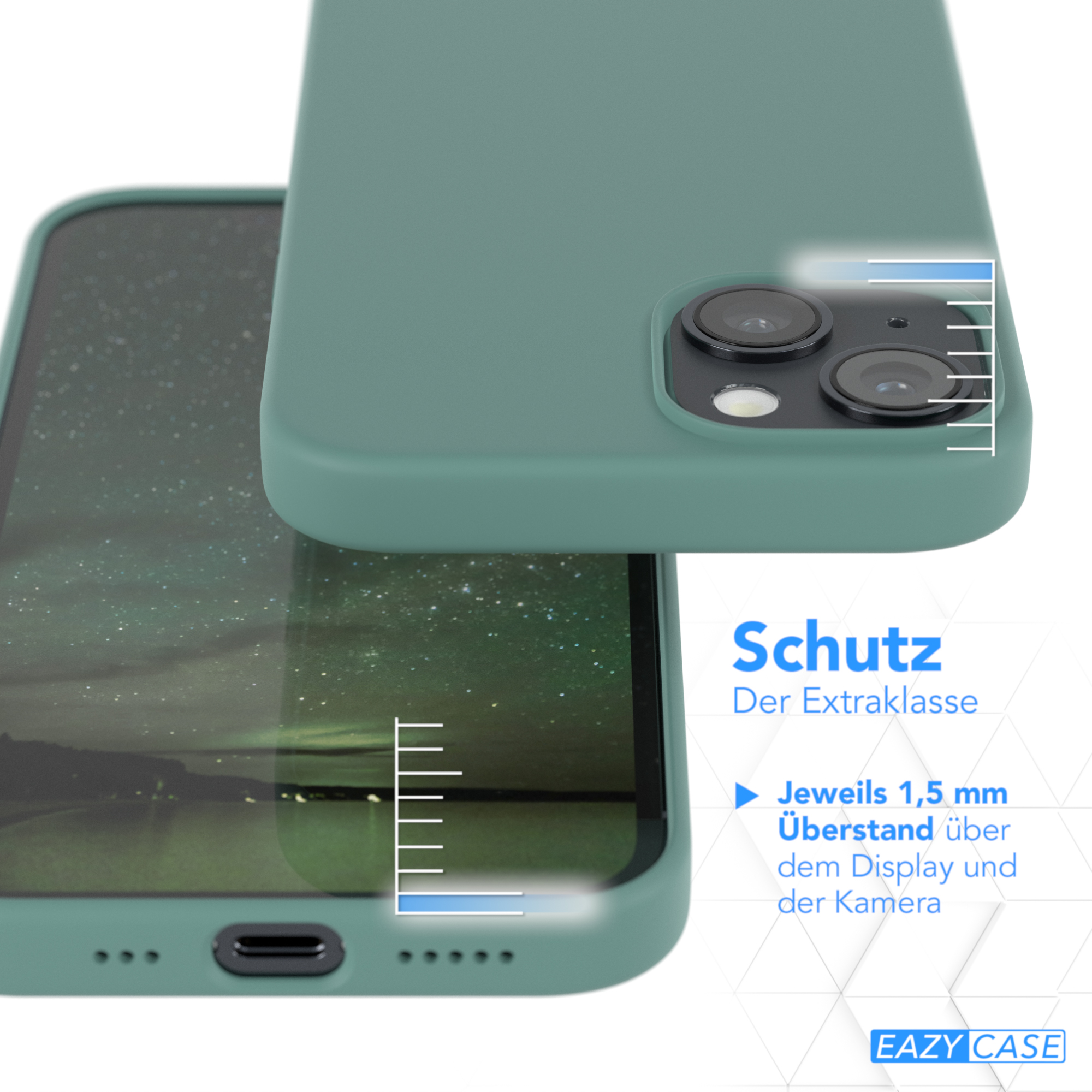Zwei Telefone, grüne Hülle, die Schutz zeigt. Die Hülle hat einen 1,5 mm Überlappung über Display und Kamera.
