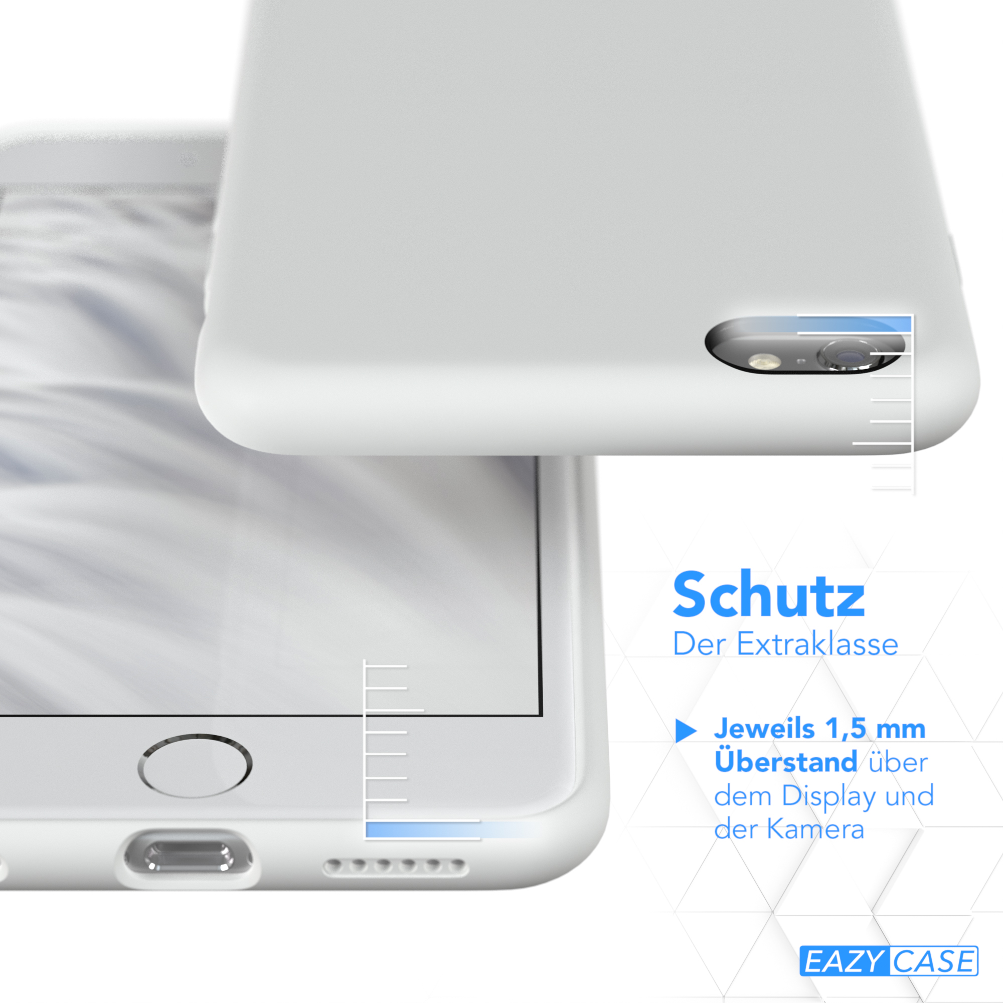 Weiße Handyhülle, mit abgenommener Hülle, zeigt Bildschirmränder, Schutzdetails, mit Text.