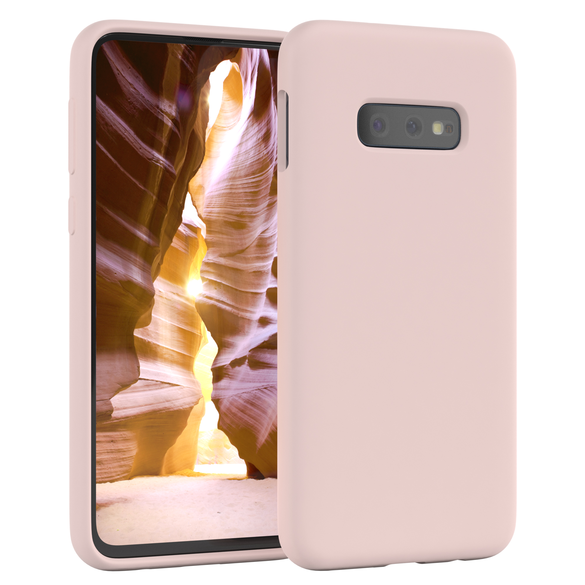 Rosa Handyhülle mit Telefon, das eine Schluchtlandschaft im Hintergrund zeigt.