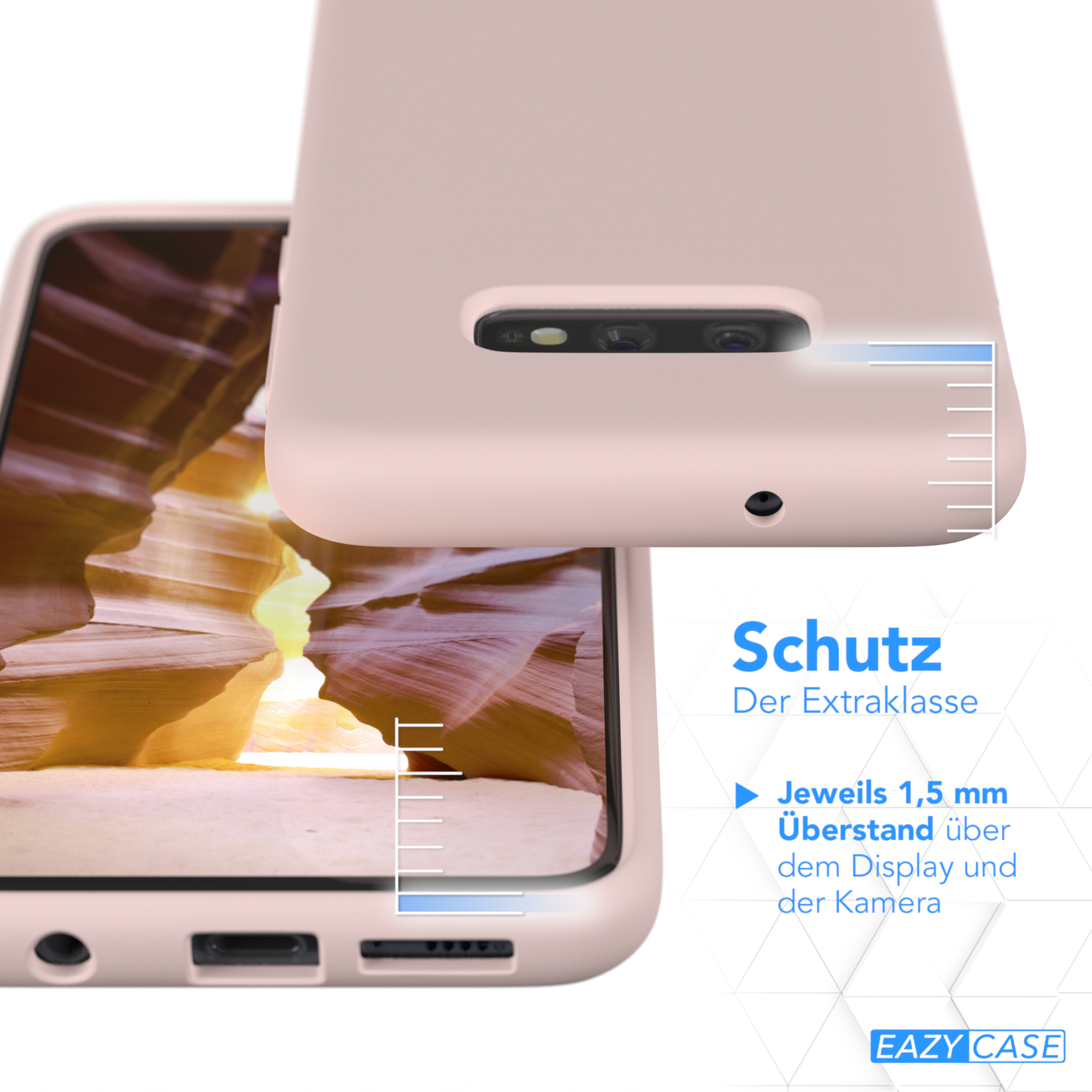 Rosa Handyhülle über Telefon. Die Hülle ist rosa. Text zeigt Schutz und Messungen.
