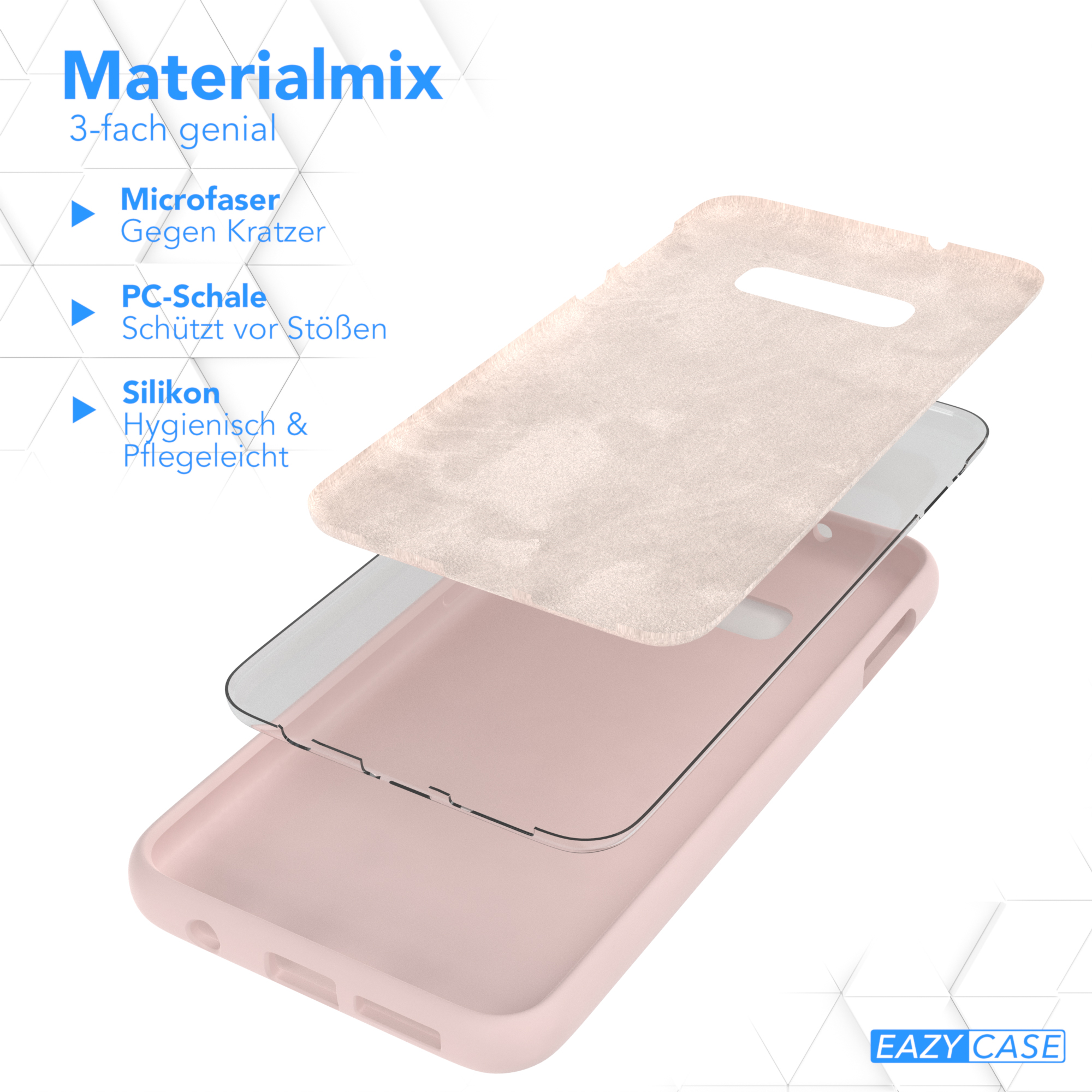 Handyhüllen-Komponenten. Eine rosa Hülle, eine Mikrofaser-Schicht und eine PC-Schale.