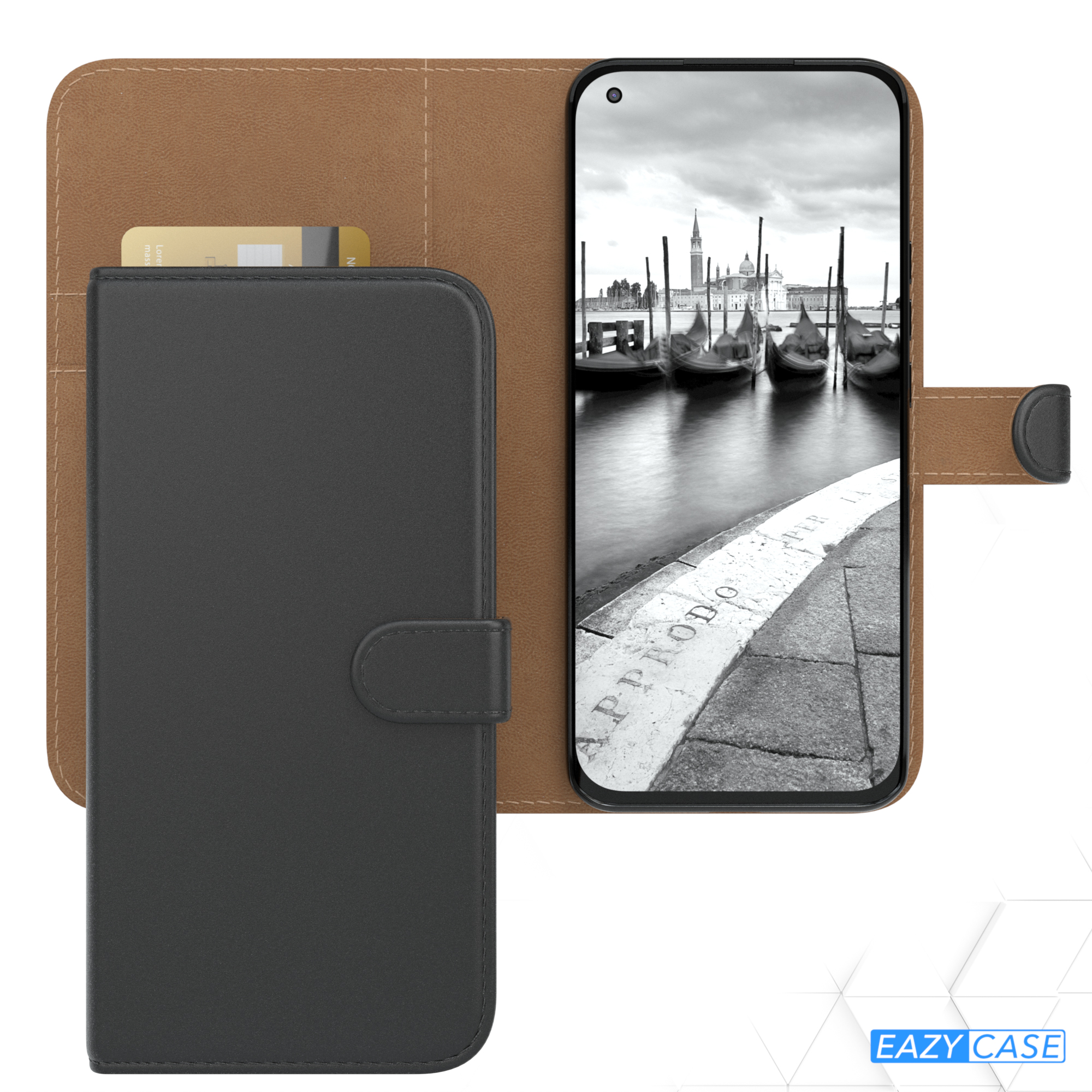 Geöffnete Handyhülle mit einem Telefon, das ein Schwarz-Weiß-Bild einer Stadt anzeigt. Braune Hülle, schwarzer Deckel.