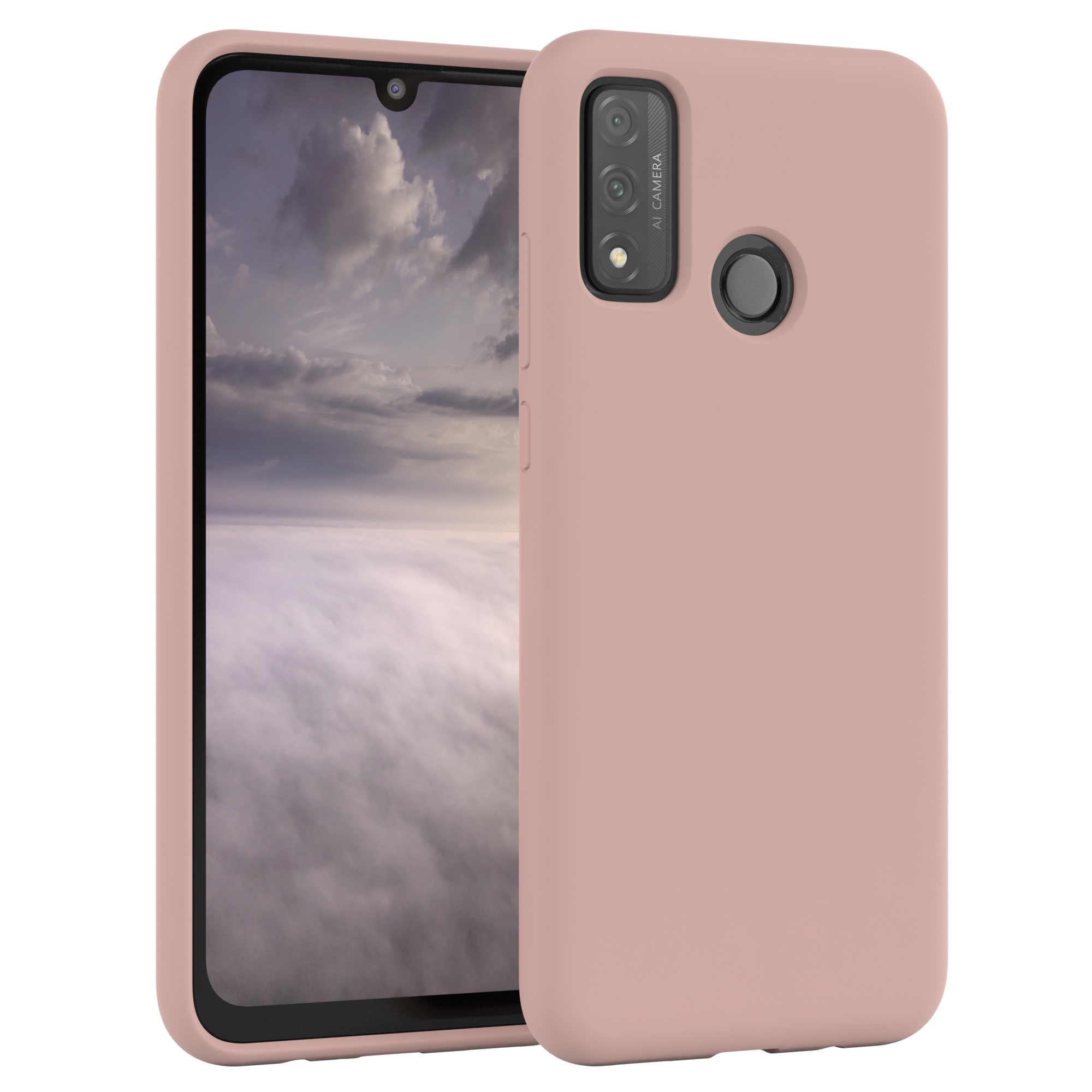 Rosa Telefon mit Hülle, mit Wolkenhimmel im Hintergrund.
