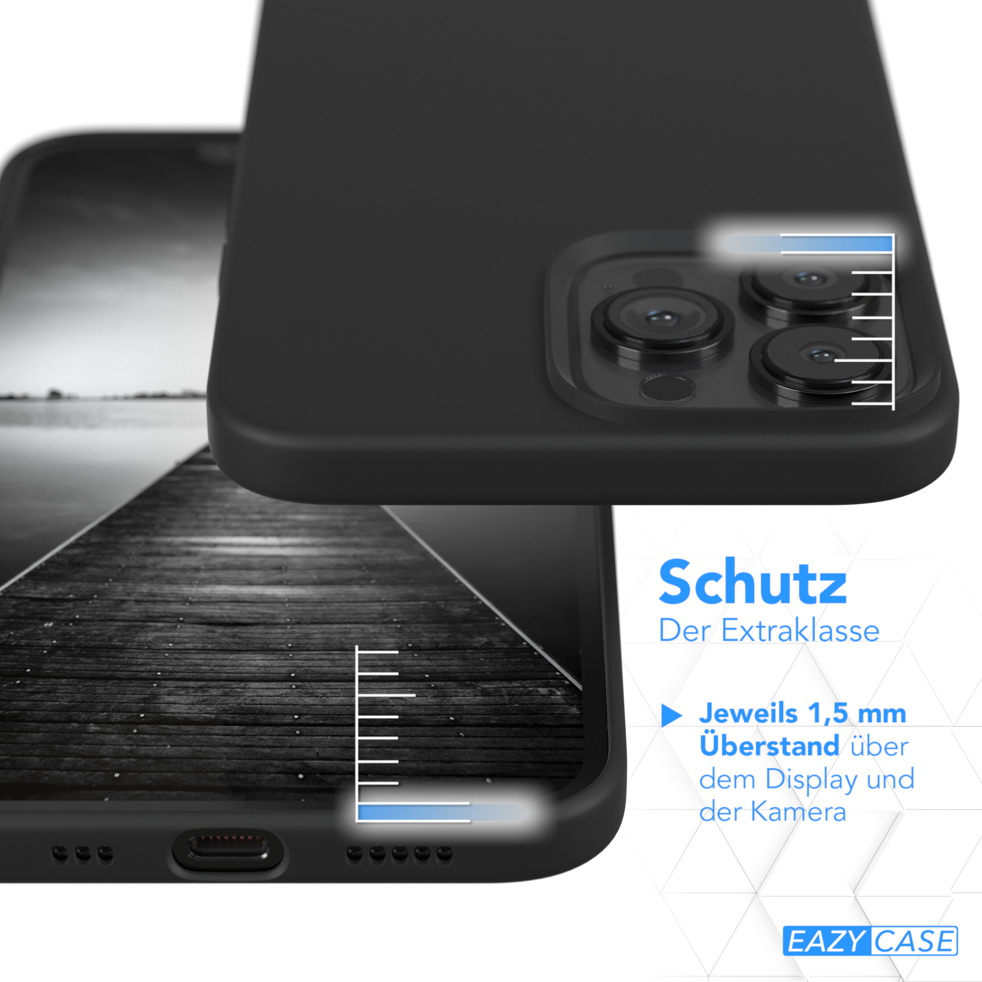Schwarzes Telefon in einer Hülle, Rückseite sichtbar. Text über Schutz und Extraklasse.