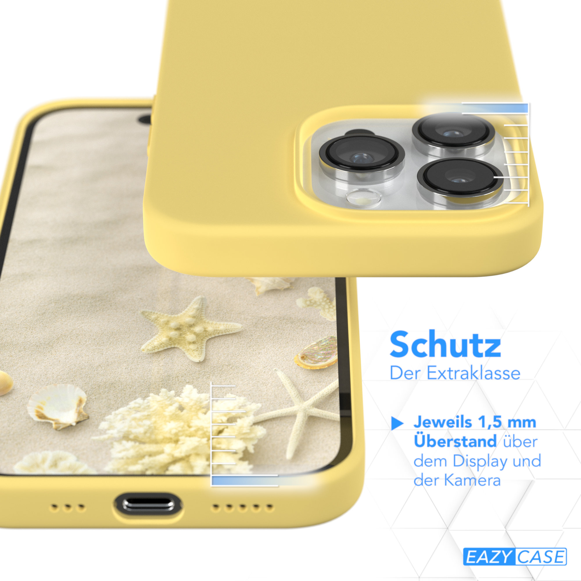 Gelbe Handyhülle neben einem Telefonbildschirm mit Strandszene, zeigt Kameraschutz.