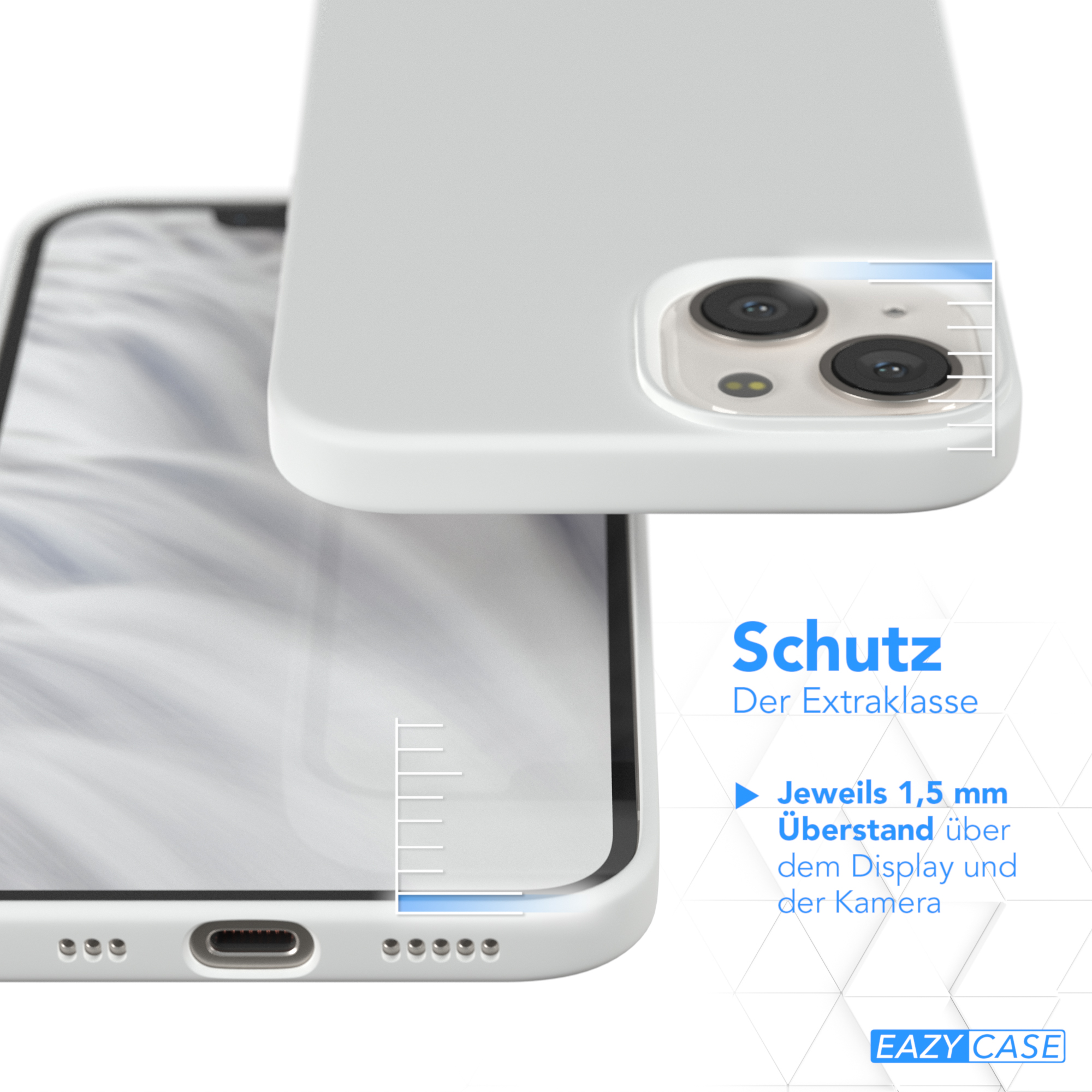 Eine weiße Handyhülle mit einem Telefon darin. Auf der Seite befindet sich ein Lineal, das die Dicke misst. Text auf der rechten Seite.
