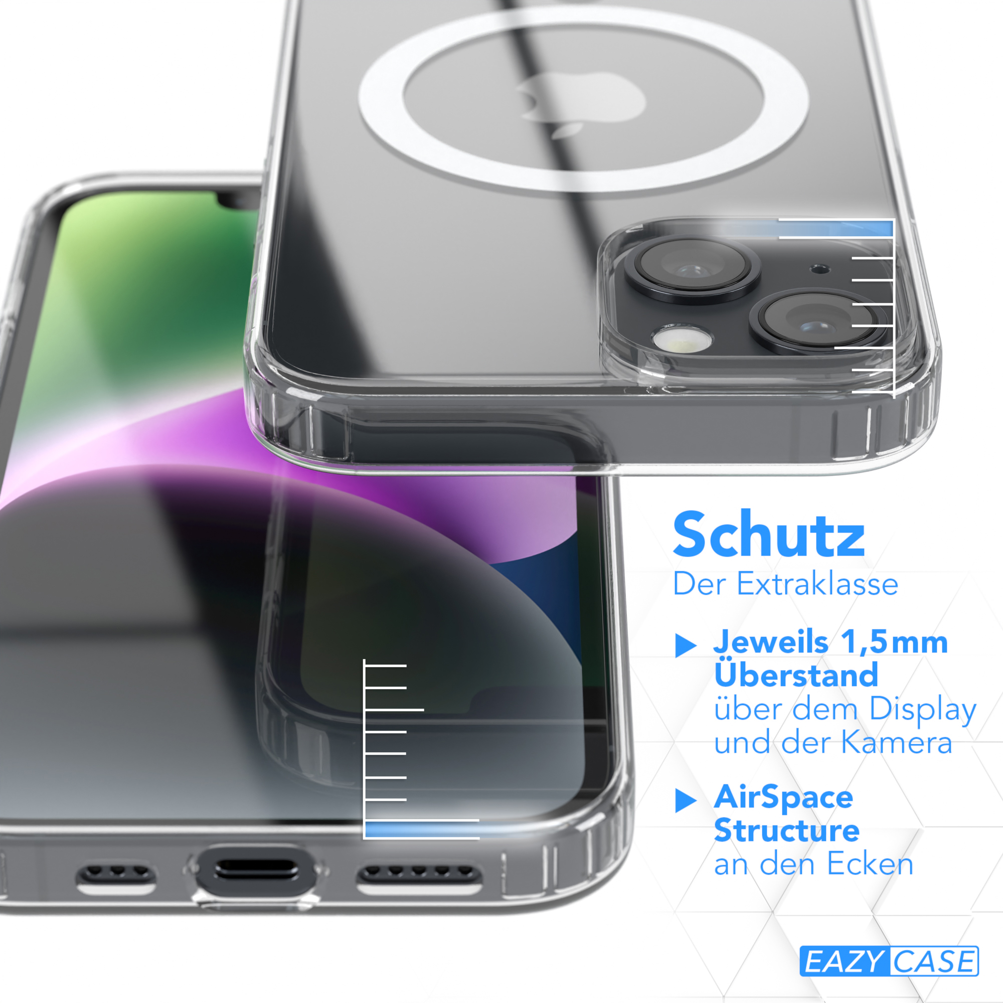 Transparente Handyhülle auf einem Telefon. Weiße Linien zeigen die erhöhten Kanten.