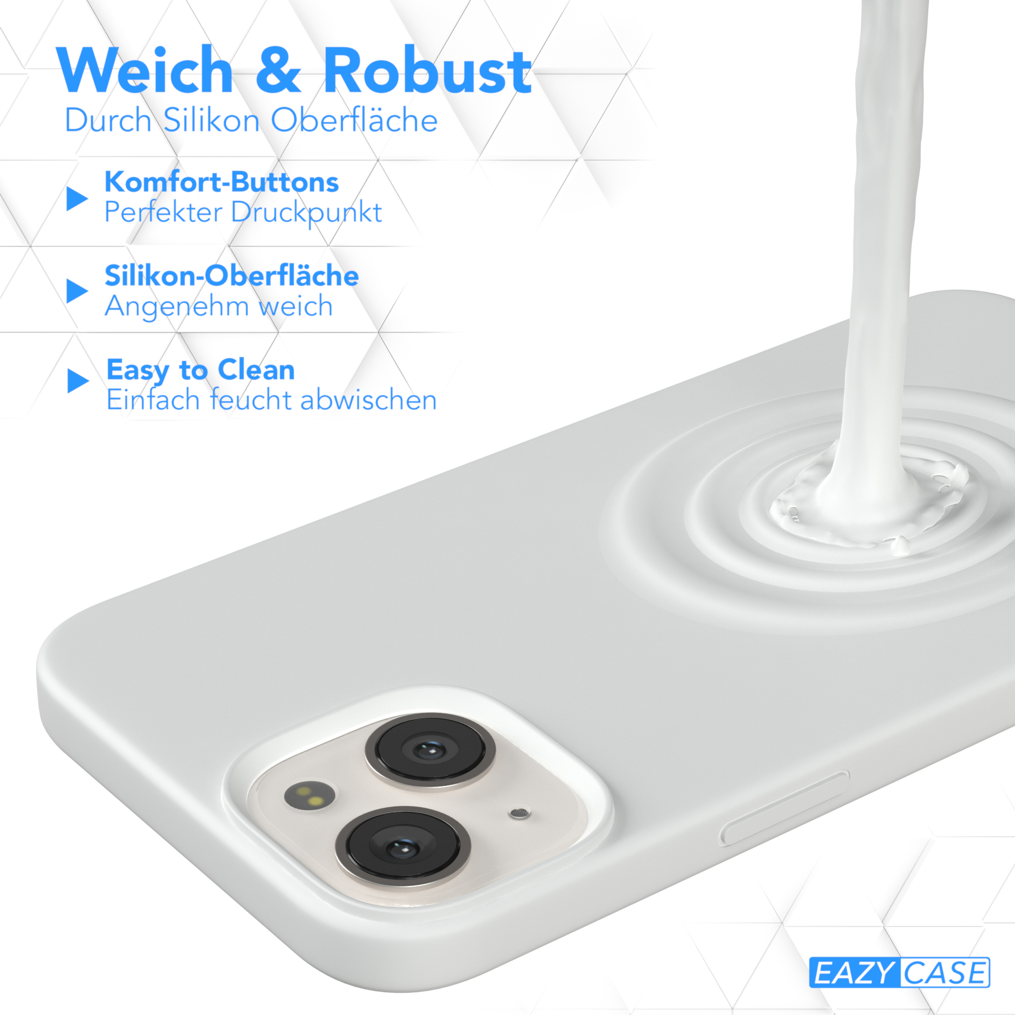 Weißes Telefoncase mit Flüssigkeit, Text: Weich & Robust.
