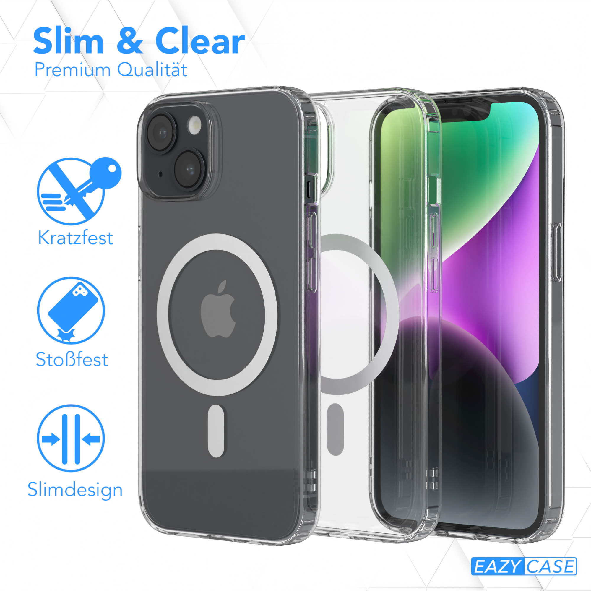 Drei transparente Handyhüllen. Eine hat einen dunkelgrauen Rücken, einen weißen Kreis und das Apple-Logo.