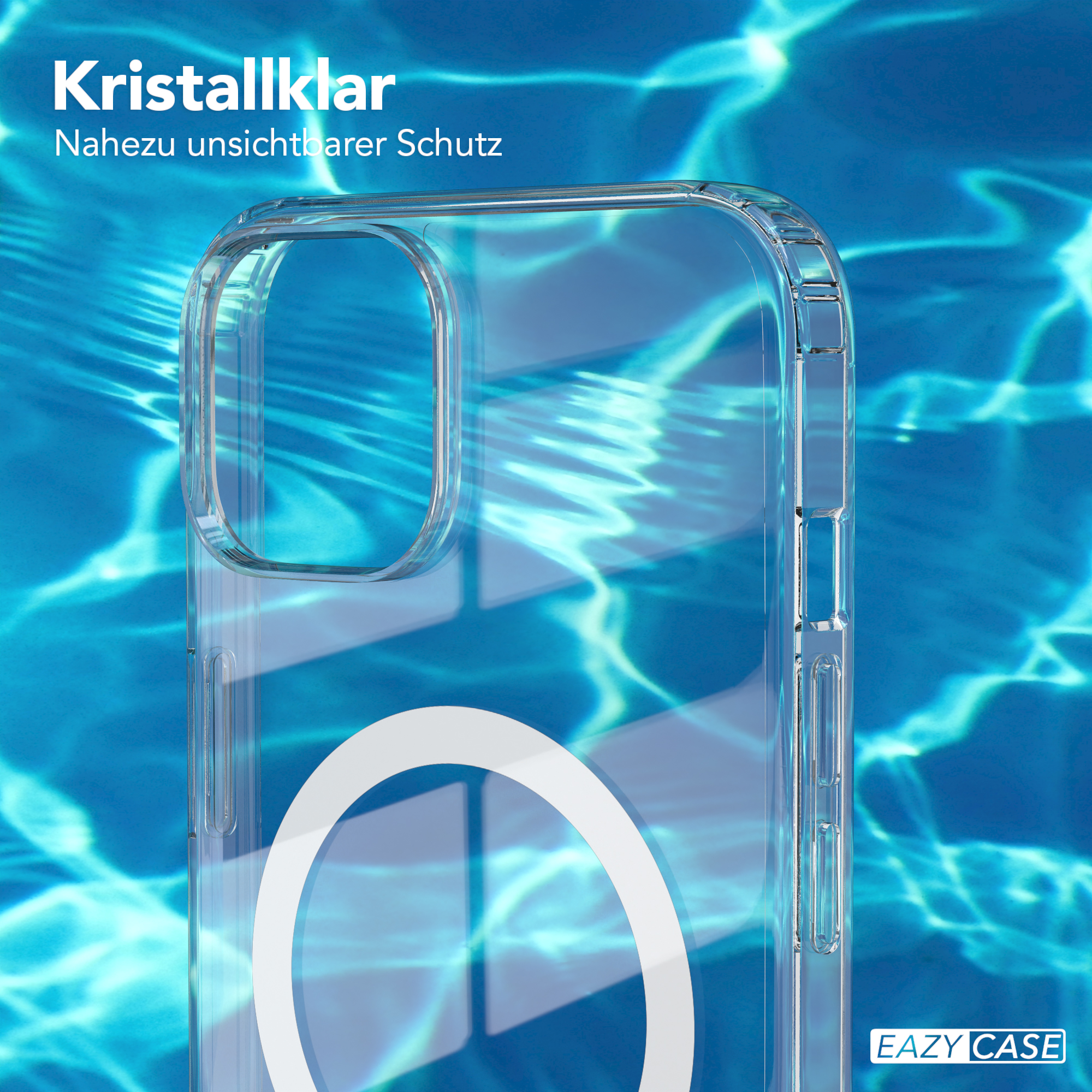 Transparente Handyhülle mit weißem Kreis. Der Hintergrund ist Wasser.