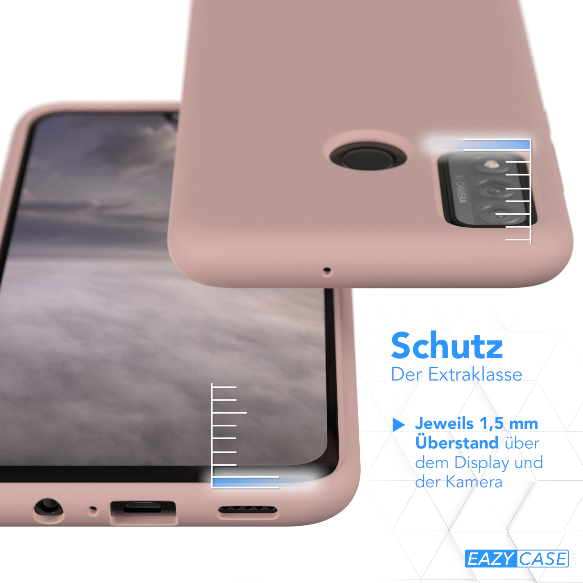 Rosa Handyhülle schützt ein Telefon. Weißer Text zeigt den Schutz um Display und Kamera.