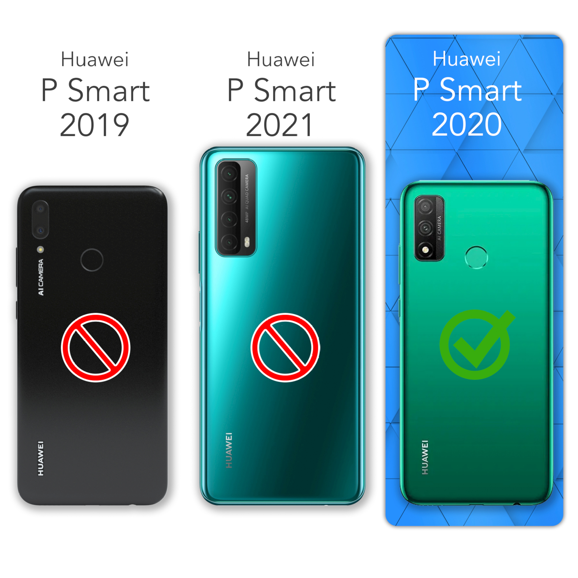 Drei Huawei P Smart Handys. 2019 hat ein Stoppschild, 2021 hat eins und 2020 hat ein Häkchen.