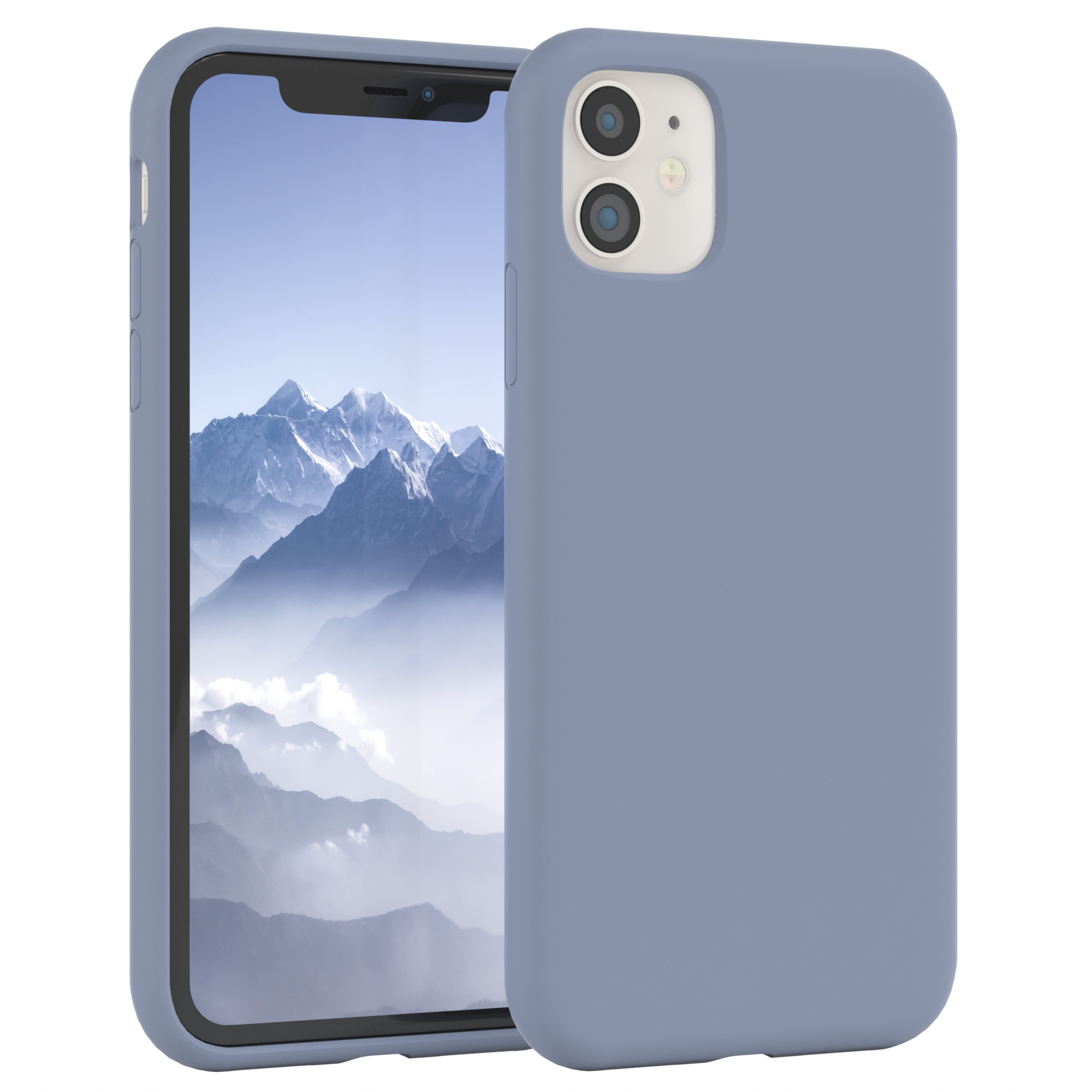 Blaue Handyhülle mit Telefon. Das Telefon hat zwei Kameras und einen Bildschirm.