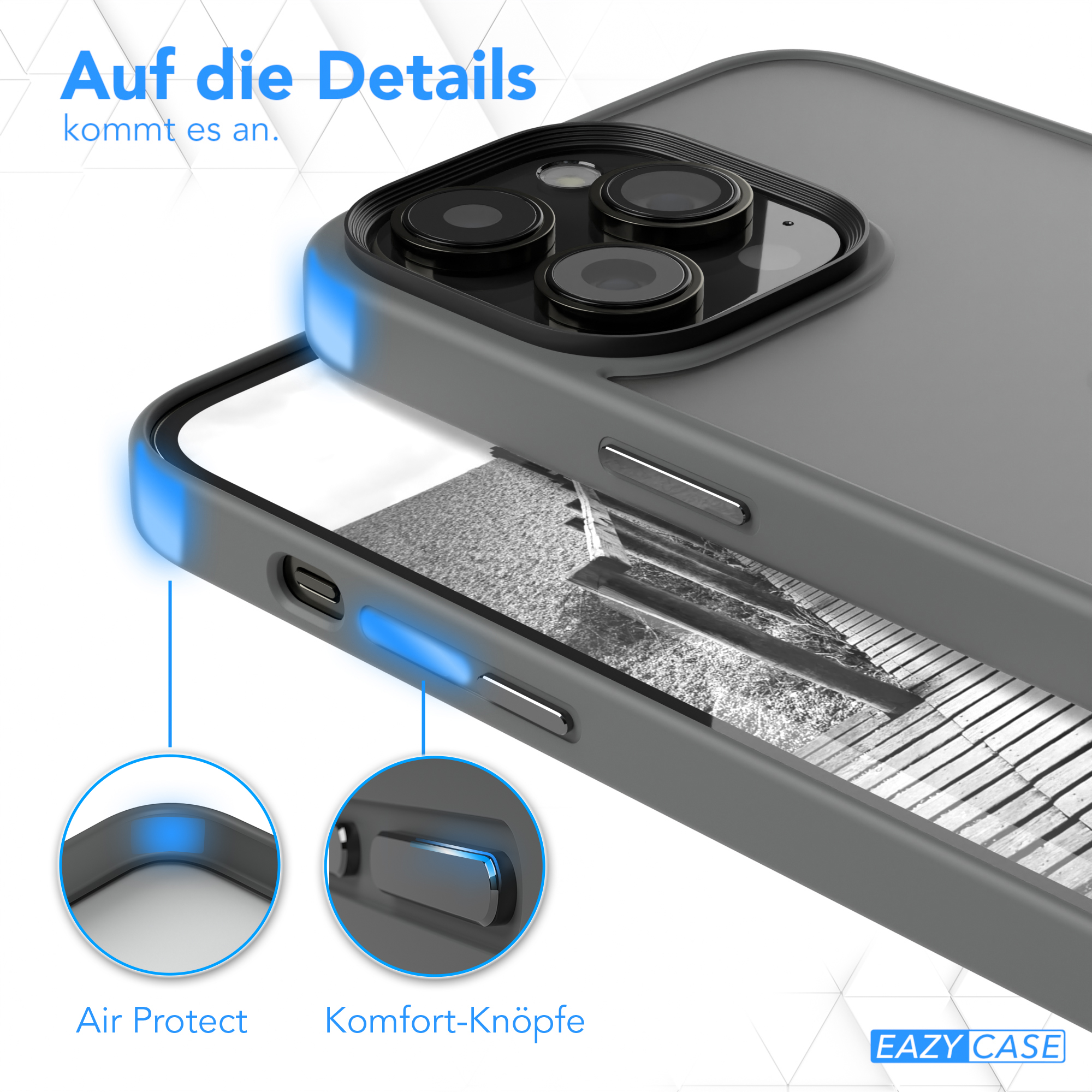 Eine Handyhülle mit Details zu Luftschutz und Komfortknöpfen.