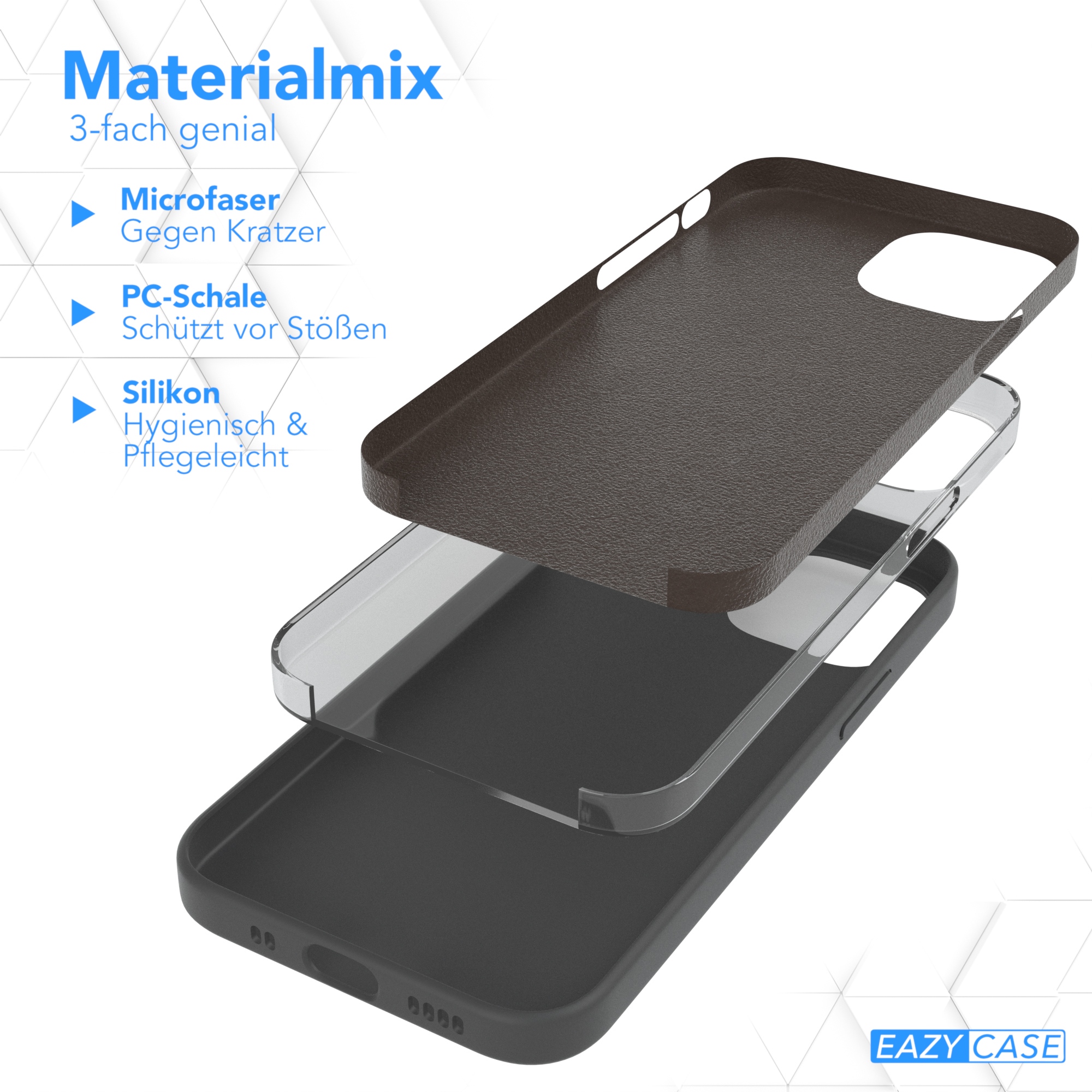 Mehrschichtige Handyhülle mit braunen, transparenten und schwarzen Schichten. Text: Materialmix.