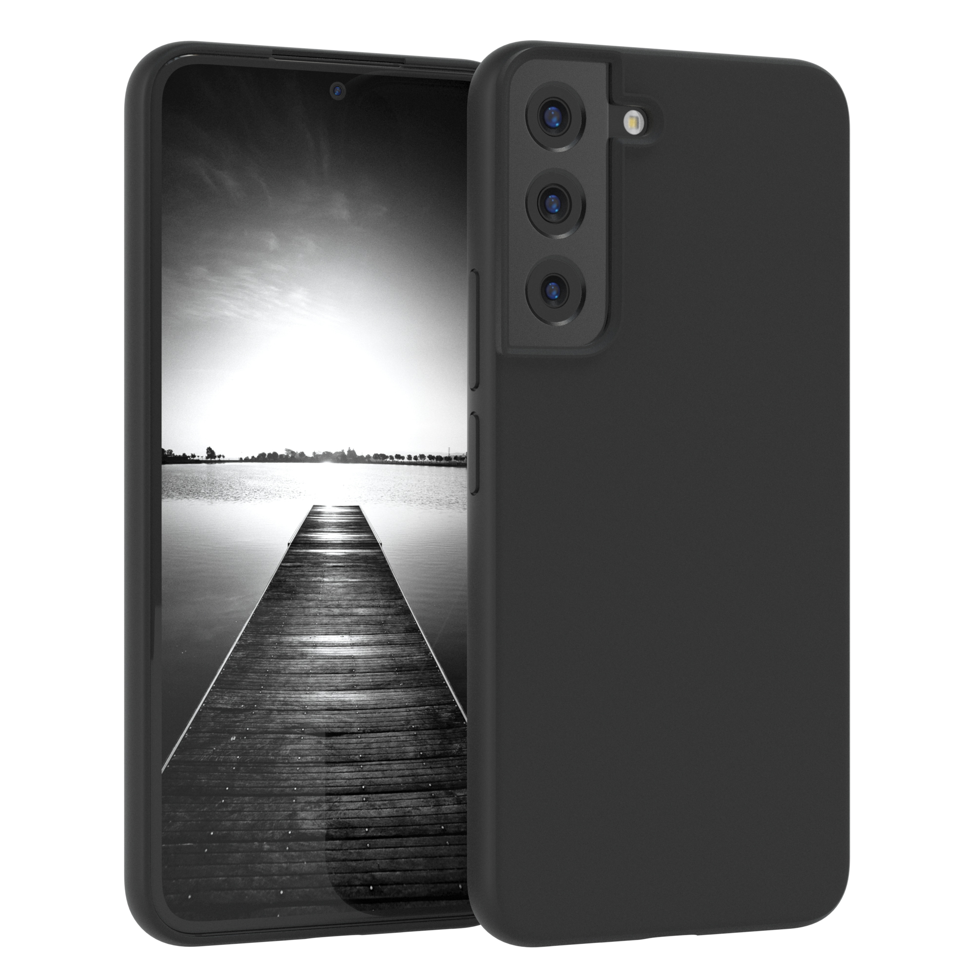 Ein schwarzes Telefon mit schwarzer Hülle wird gezeigt. Das Telefon zeigt ein Schwarzweißbild eines Piers.