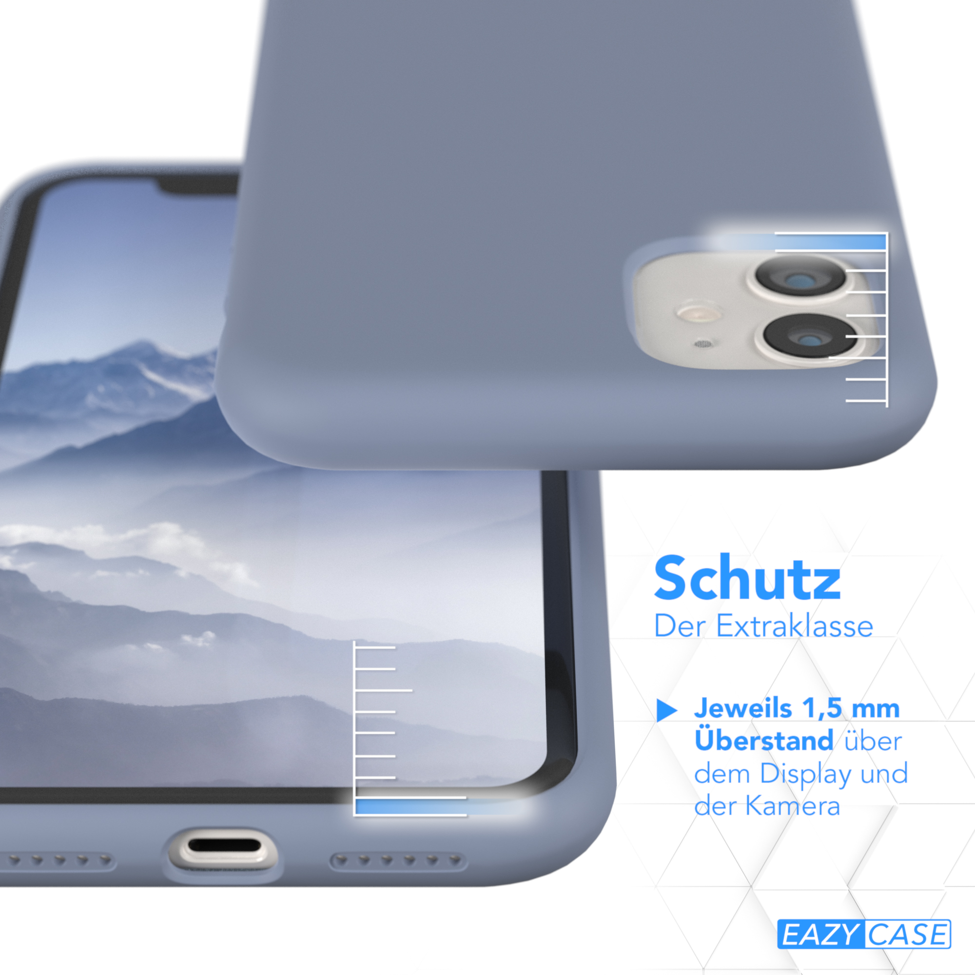 Telefon in blauem Gehäuse, zeigt die Kantenschutz- und Bildschirmschutzdetails.