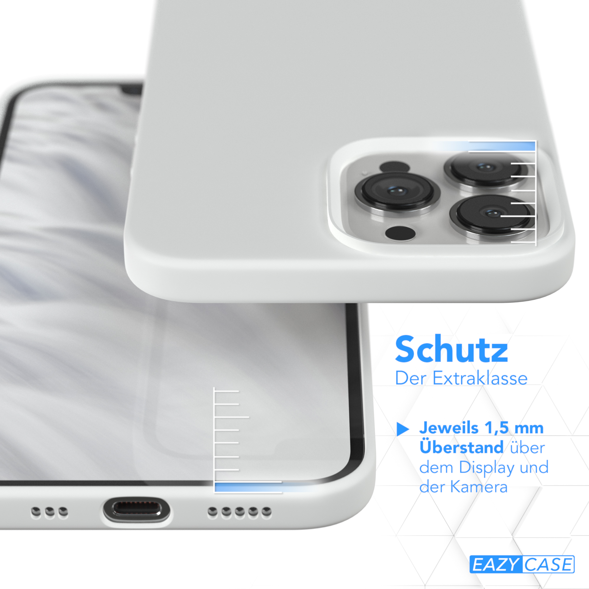 Weiße Handyhülle. Nahaufnahme der Kanten und des Kameraschutzes. Weißer Hintergrund.