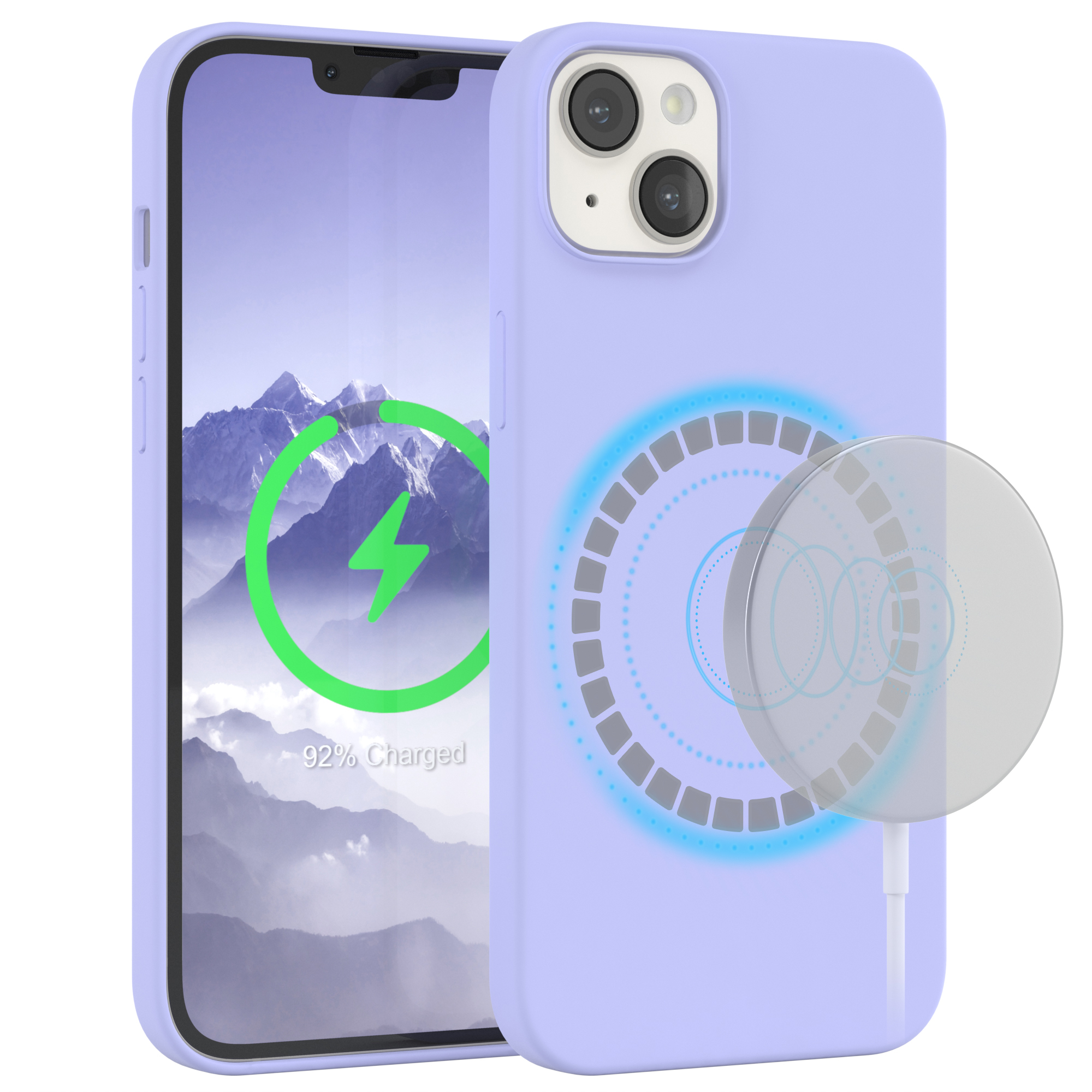 Lila Handyhülle mit Telefon. Telefon zeigt Ladeanzeige. Kabelloses Ladegerät.