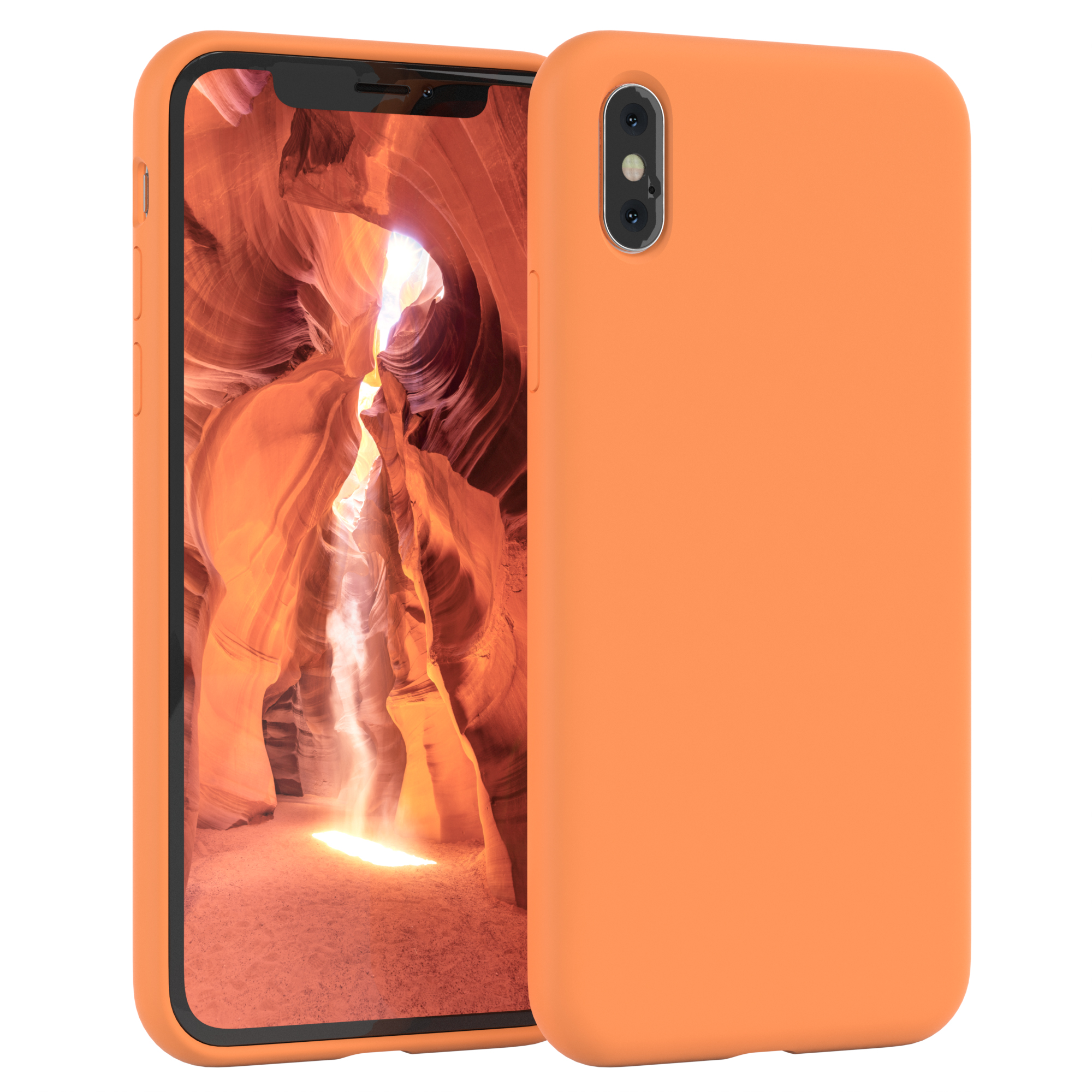 Orangefarbene Handyhülle mit einem Telefon, das eine Canyon-Aufnahme zeigt, auf weißem Hintergrund.