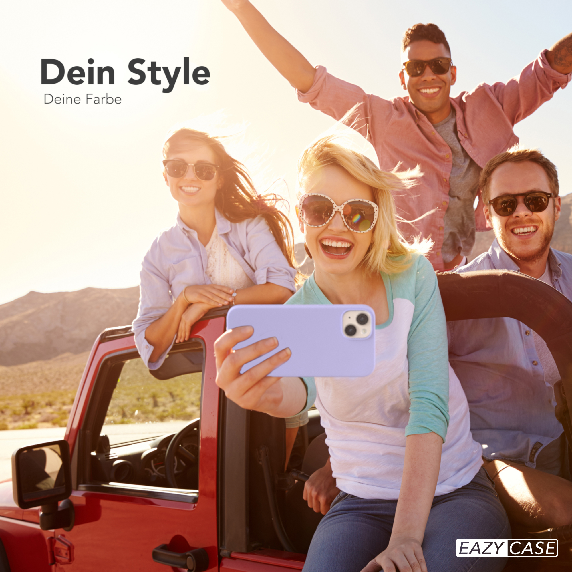 Freundesgruppe macht ein Selfie mit einem Telefon in einem lavendelfarbenen Case. Text: Dein Style, Deine Farbe und EAZY CASE.