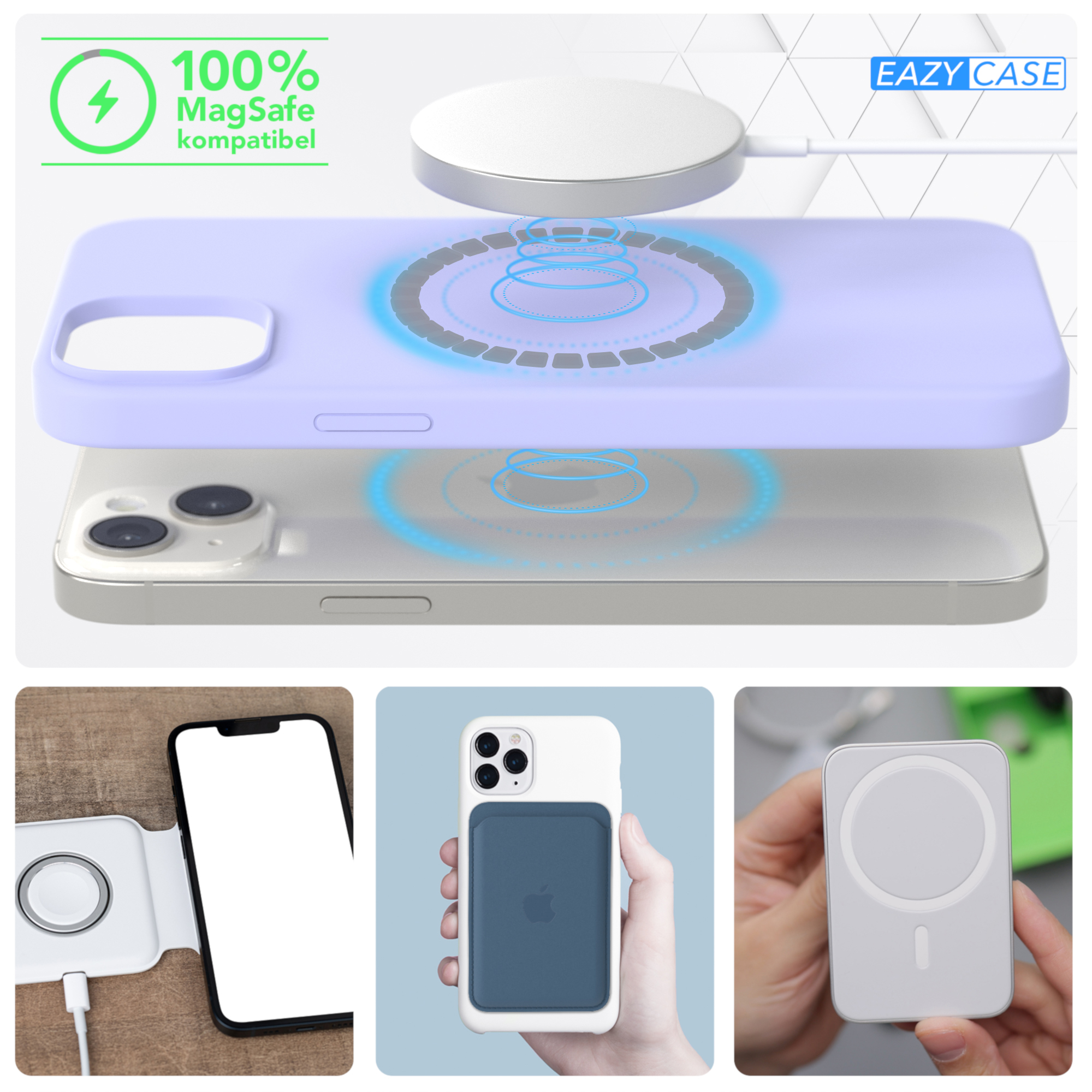 Eine Handyhülle mit einem Telefon darin. Es ist mit MagSafe kompatibel. Das Telefon ist weiß.