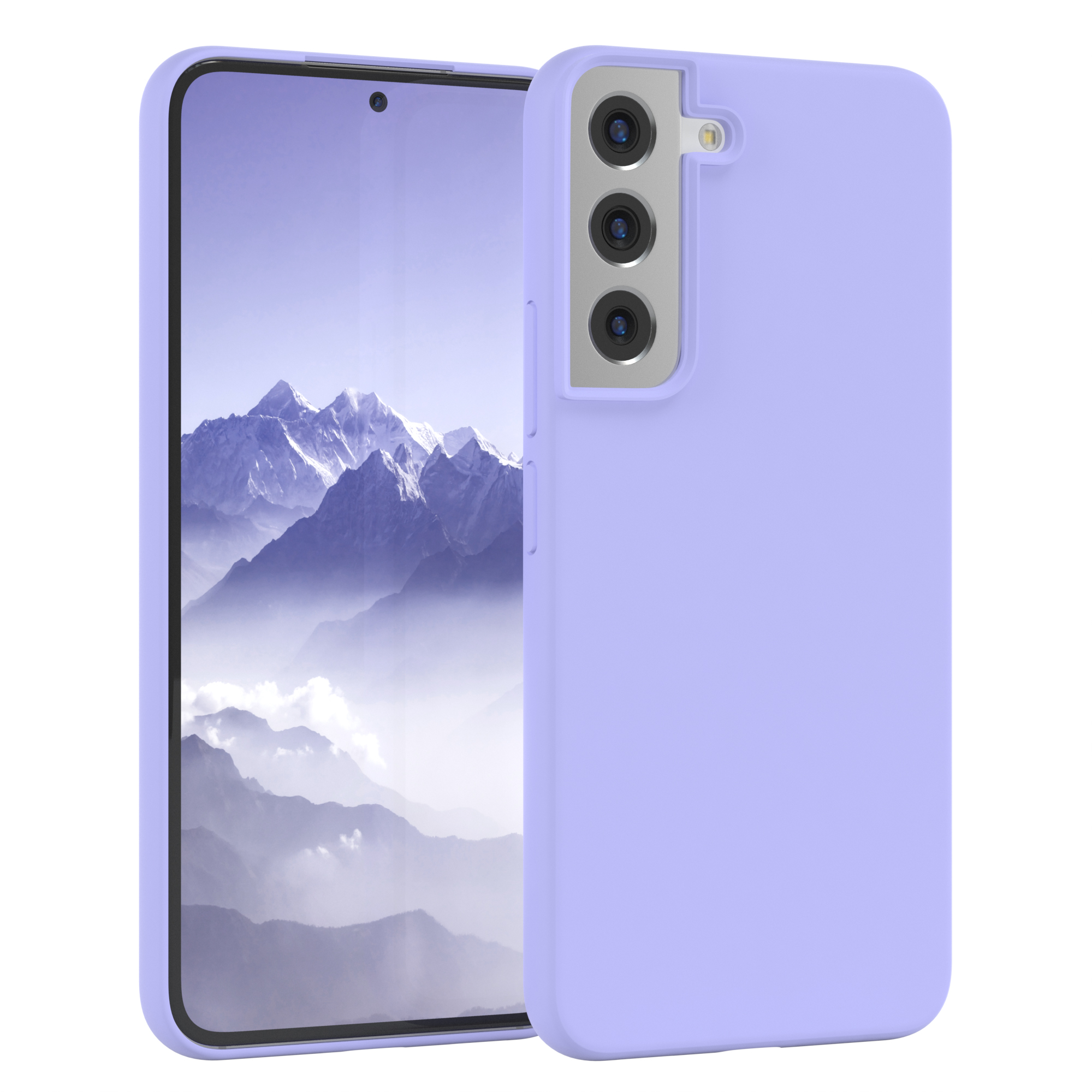 Ein lila Handyhülle und ein Handy werden gezeigt. Das Handy zeigt eine Berglandschaft.