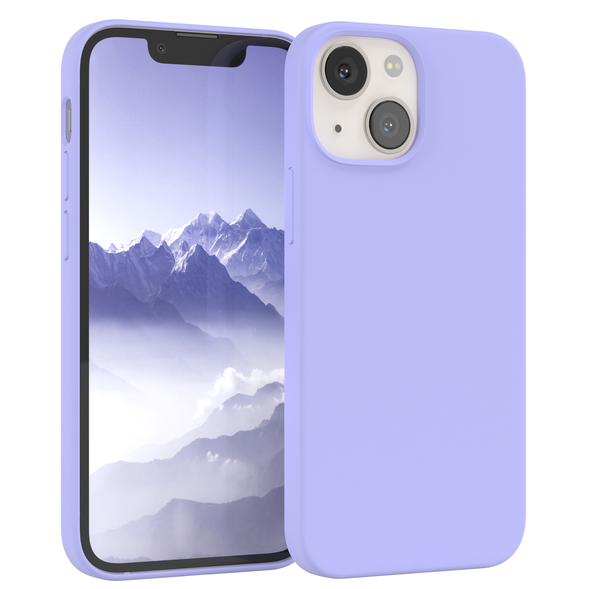 Lila Telefon mit lila Hülle. Der Bildschirm zeigt einen schwarzen Rand. Der Hintergrund ist weiß.