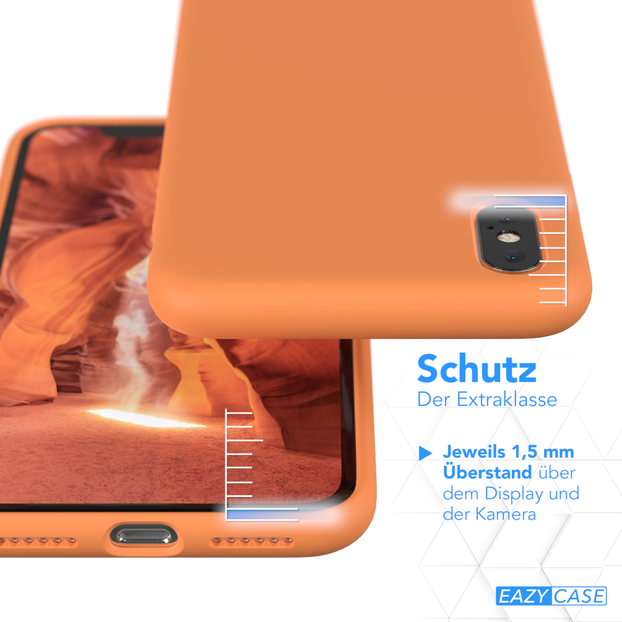 Eine orangefarbene Handyhülle. Das Bild konzentriert sich auf den Kameraschutz und Details über die Hülle.