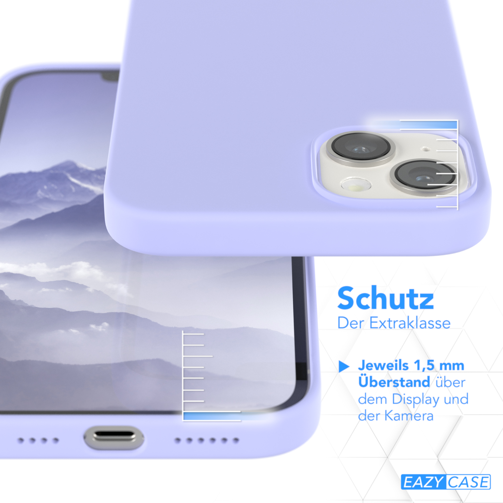 Lila Handyhülle über dem Telefon. Text sagt "Schutz" und "1,5 mm Überstand". Hintergrund ist Stadt.