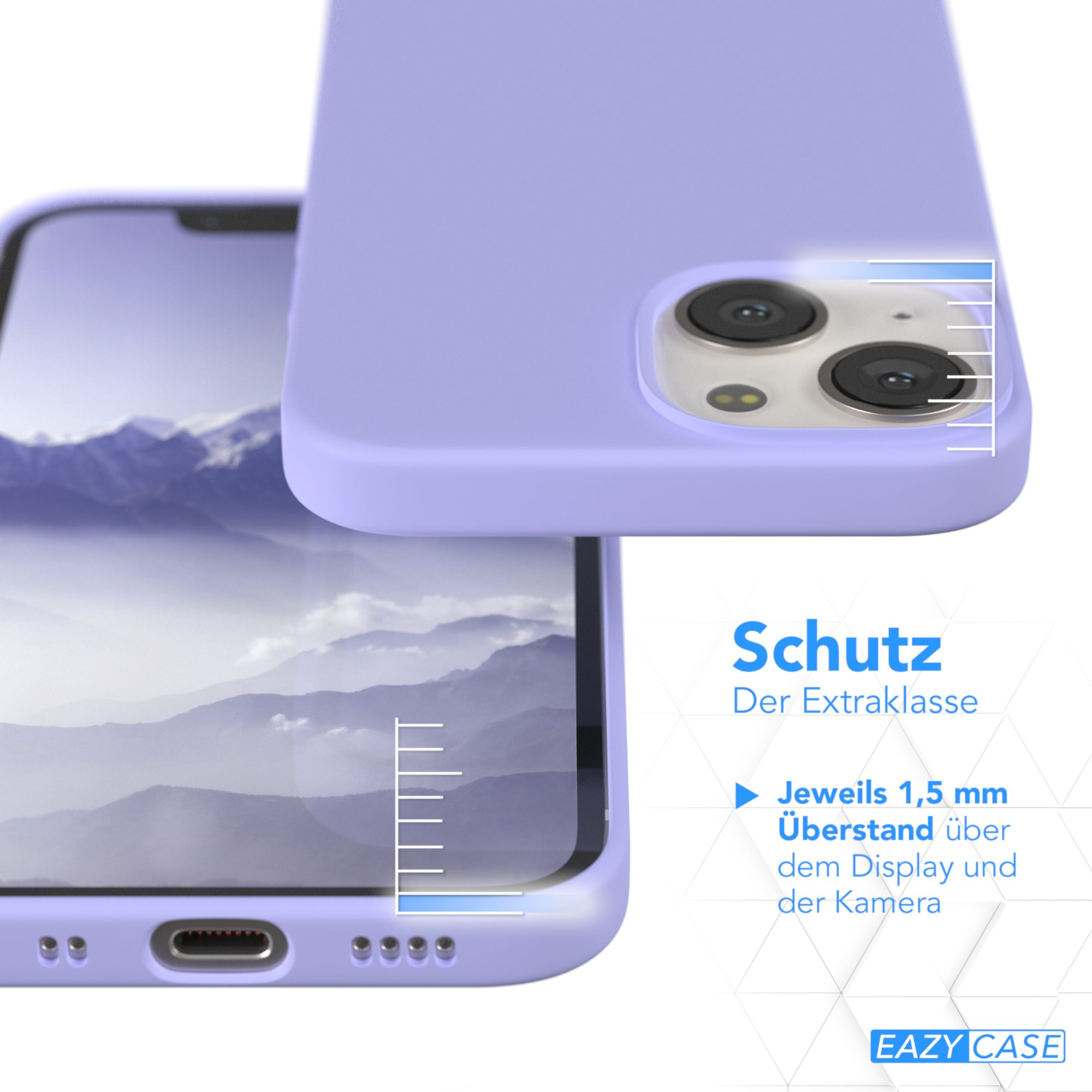 Lila Handyhülle schützt ein Telefon. Weißer Text zeigt den Schutz um Display und Kamera.