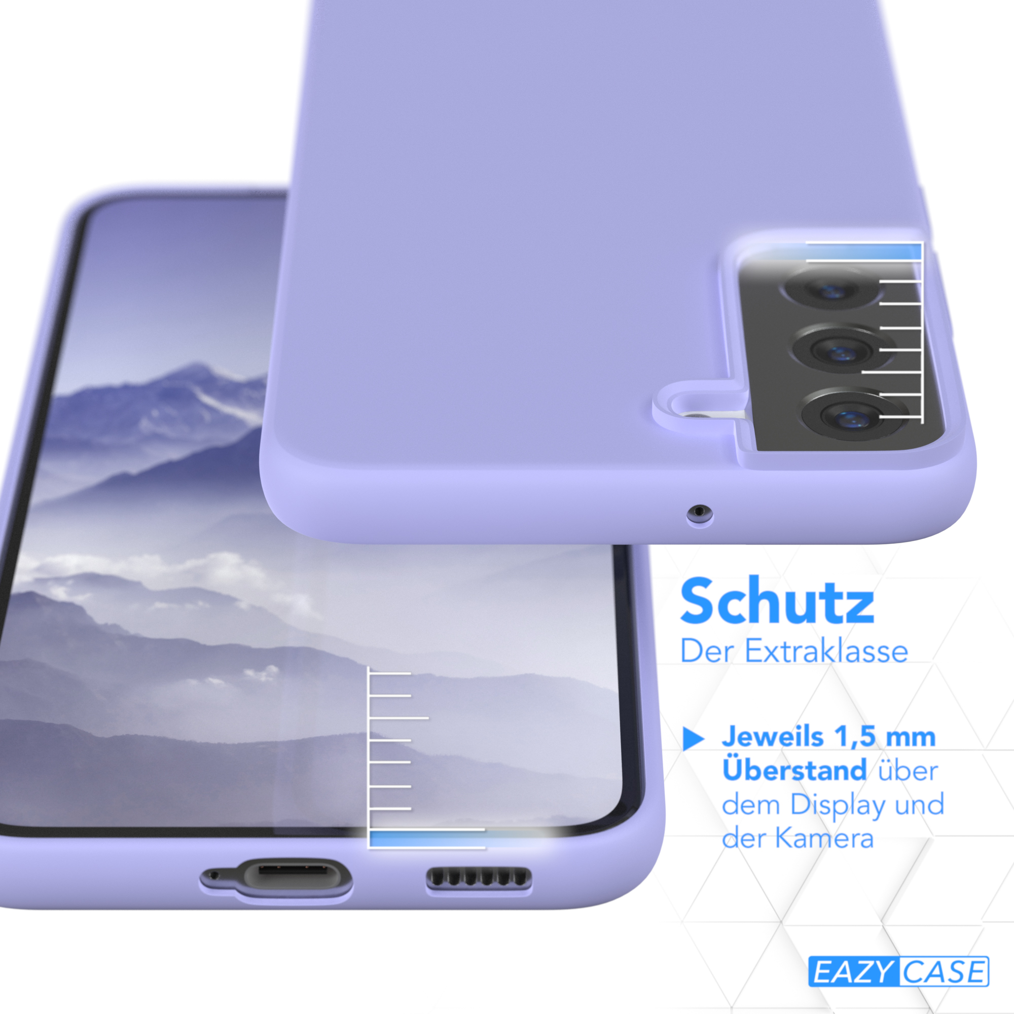 Eine hellviolette Handyhülle mit einem Telefon darin, das Schutzdetails und Maße zeigt.