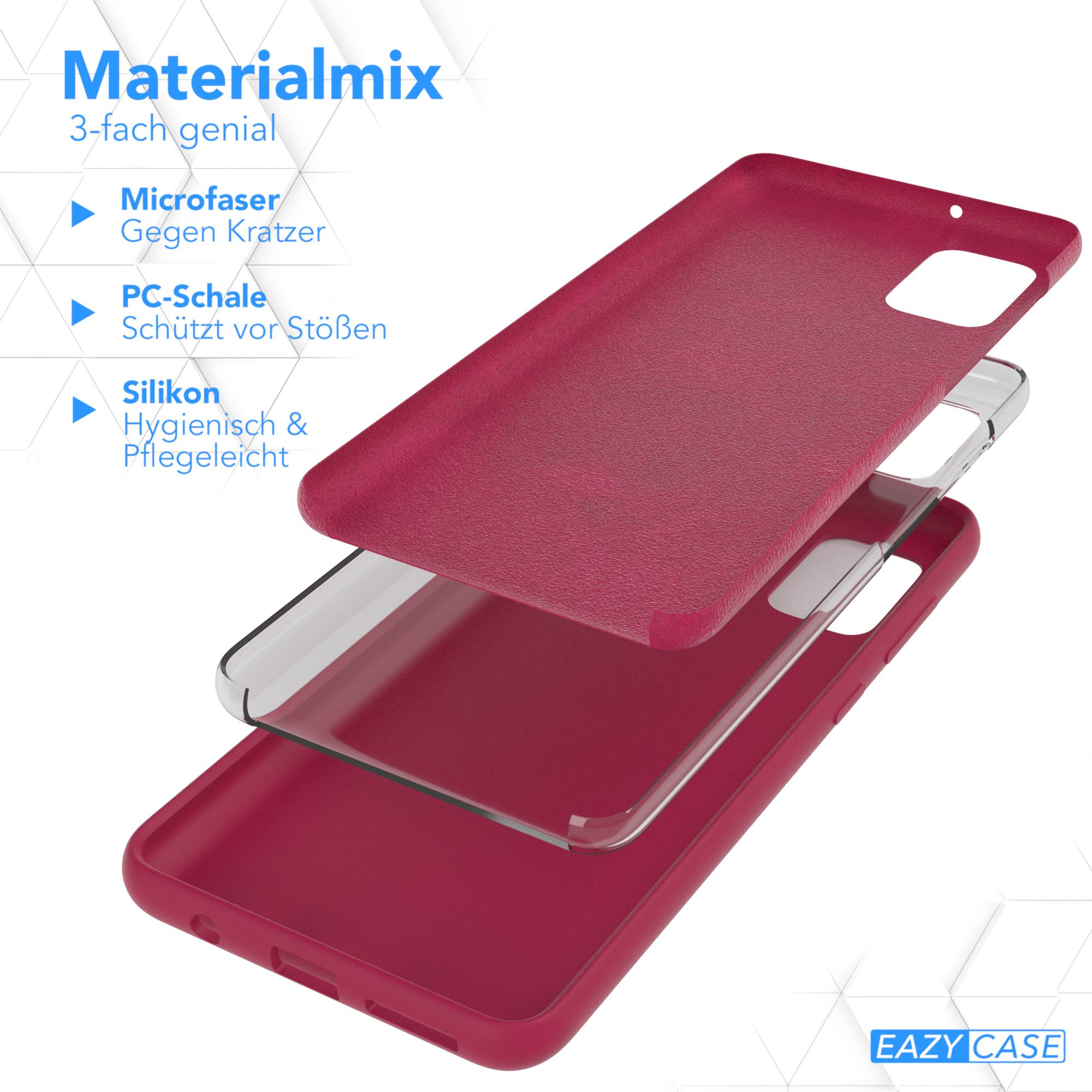 Drei Schichten einer Handyhülle, lila, klar und kastanienbraun. Text über Materialien.